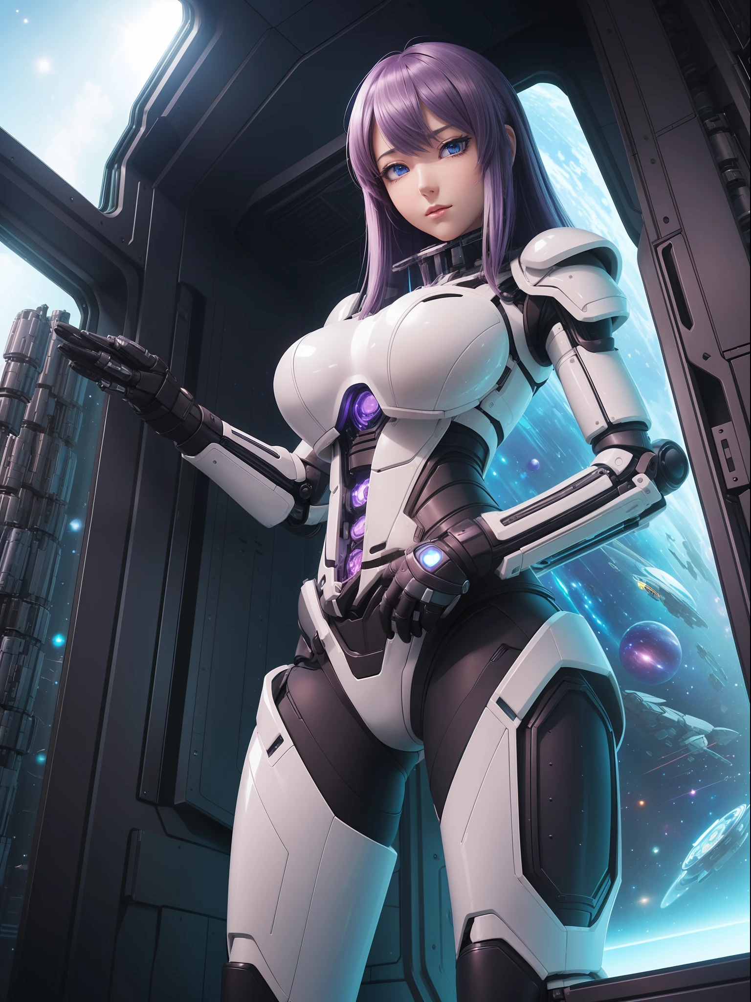 (full body photo:1.5), (one/woman/mechanical:1.5), (extremely large breasts:1.5), (all mechanical body:1.5), (with bionic armor:1.5), white with black gears, (she is inside a spaceship near the window seeing outer space:1.5), (she has very short purple straight hair:1.3), (blue eyes:1.3), (moaning:1.5), (blush:1.5), (doing sexual/standing pose/for the viewer:1.5), (Unreal Engine 5, 3D, anime style, Anime, 16k, high quality, textured leather, UHD, award-winning)