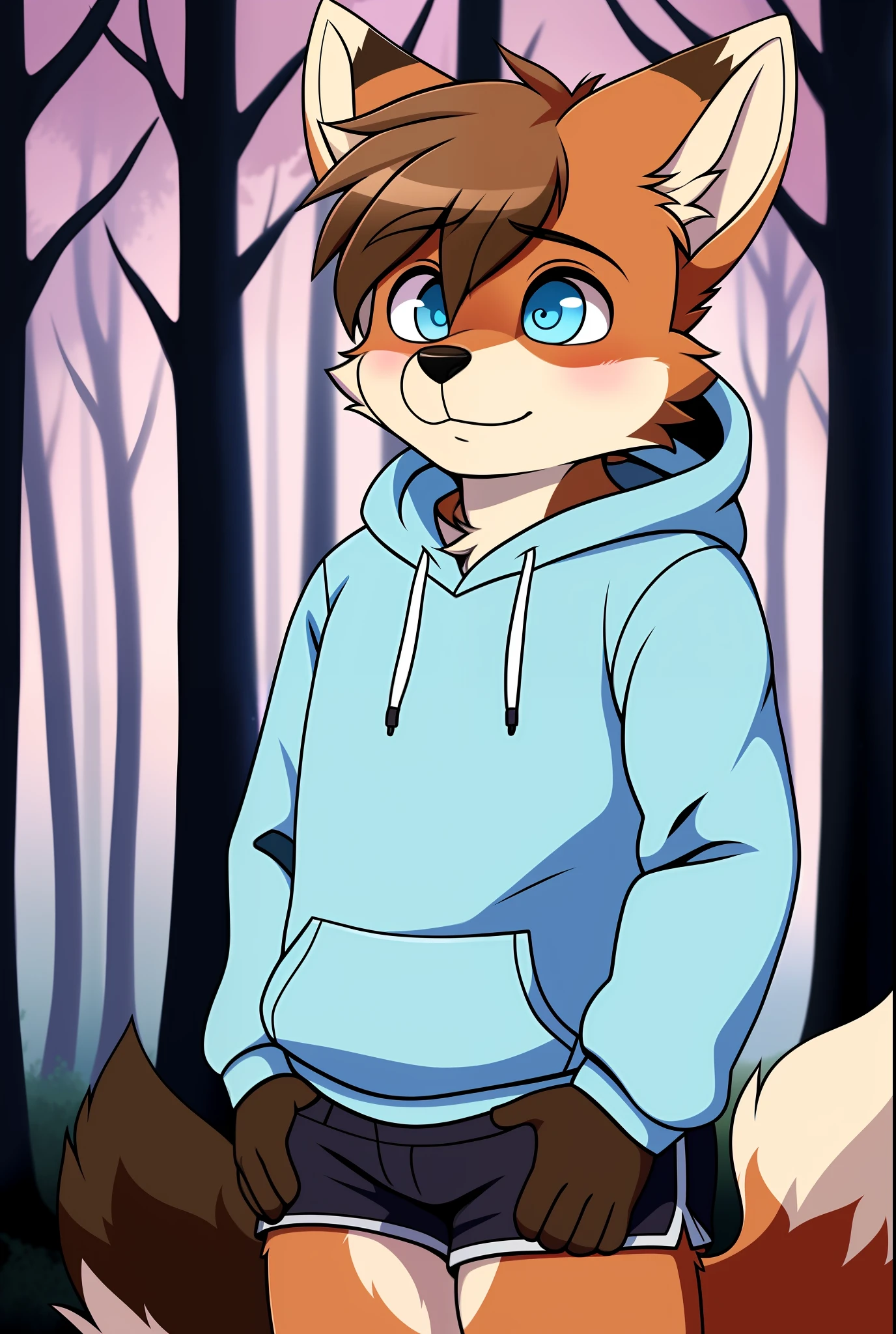 fox, femboy, sky blue eyes, multicolored fur, white fur, dark brown fur, black fur, wearing a hoodie, in a enchanted forest, solo,