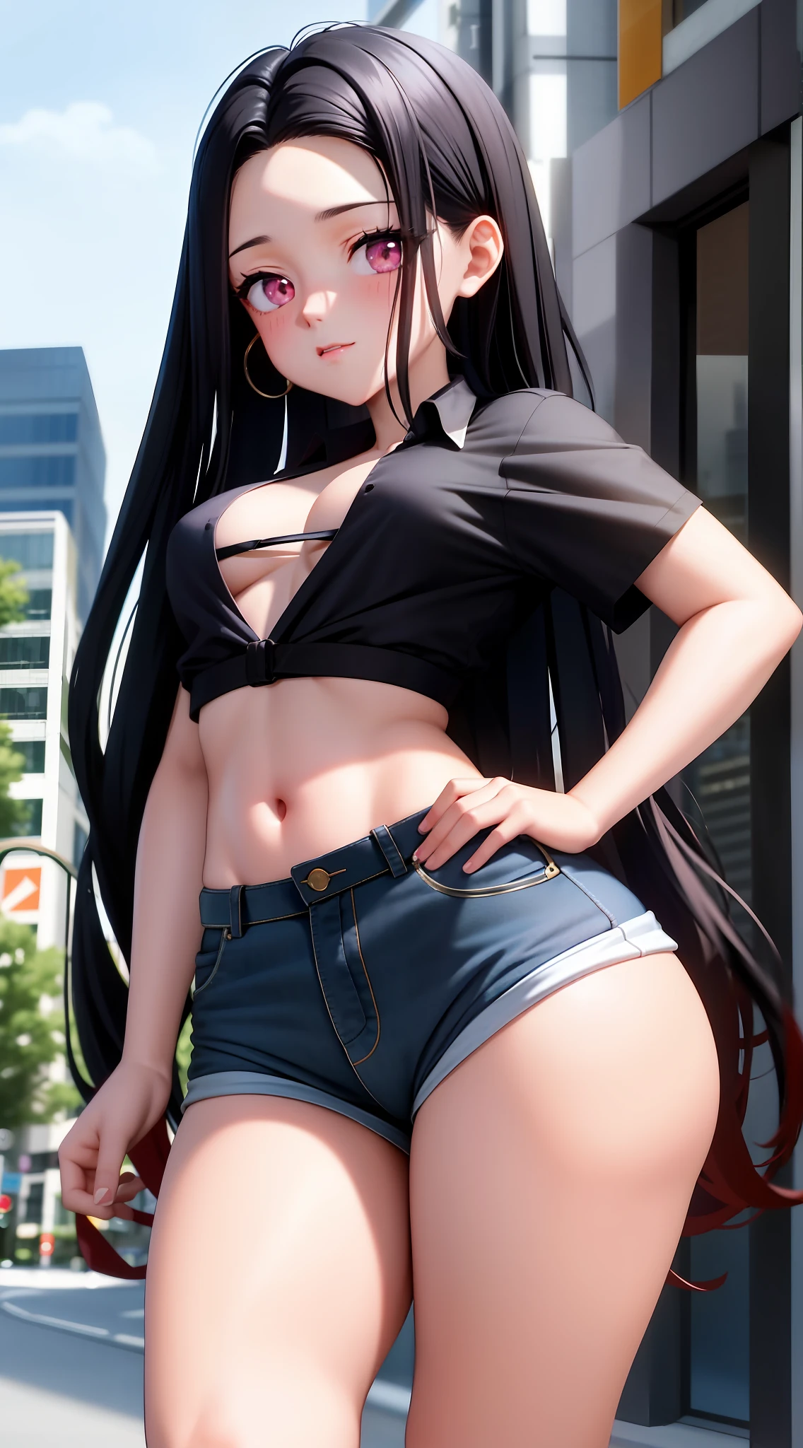 anime screencap, city, 1girl, solo, long hair, black hair, pink eyes, looking at the viewer, lustful, closed mouth, ass, wide hips, short shirt, short shorts, unbuttoned shorts, legs apart, erotica, front