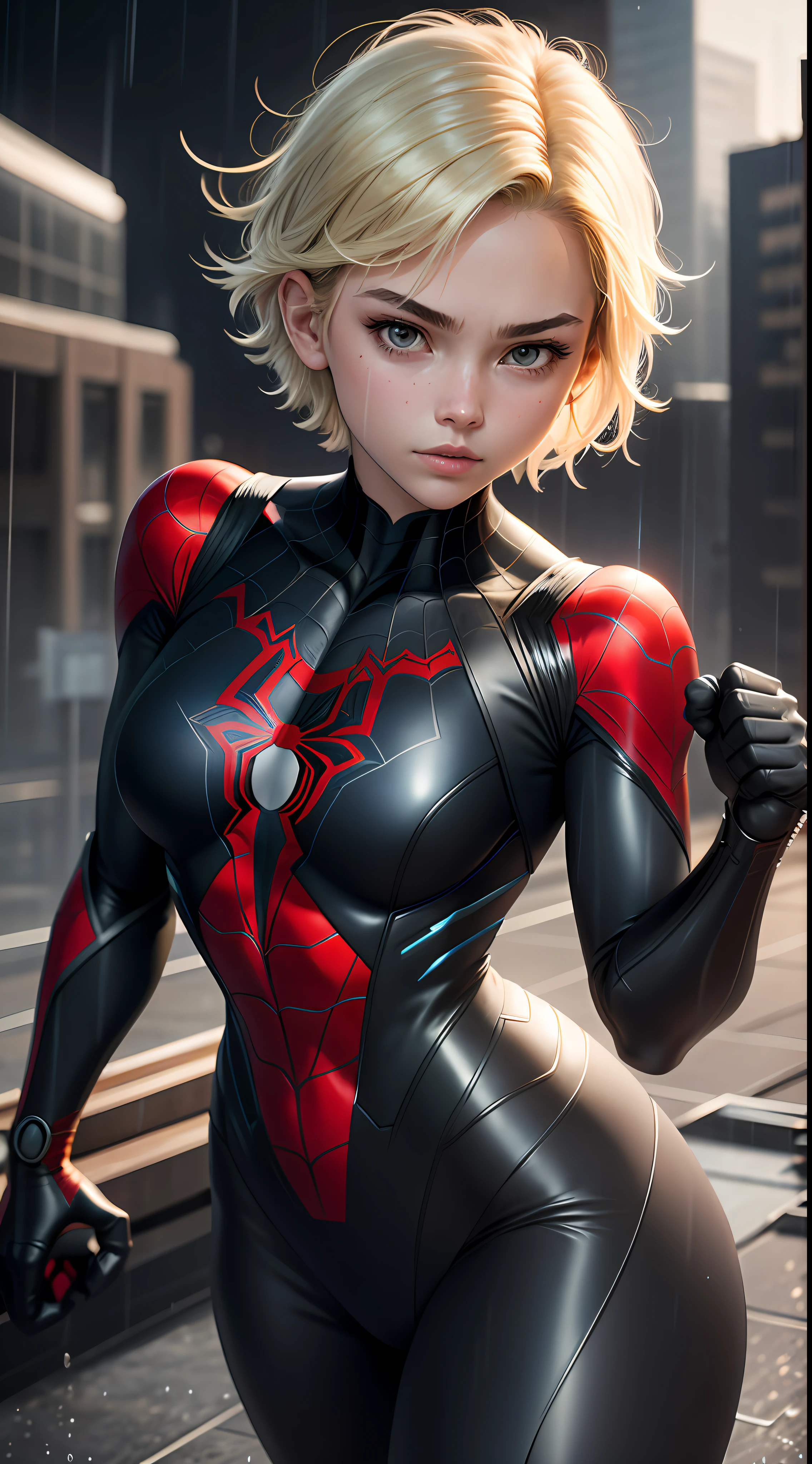 18-year-old girl, upper body, close-up, black Spider-Man suit, short hair, blonde hair, beautiful face, fighting stance, rain, roof, masterpiece, exquisite details, perfect anatomy