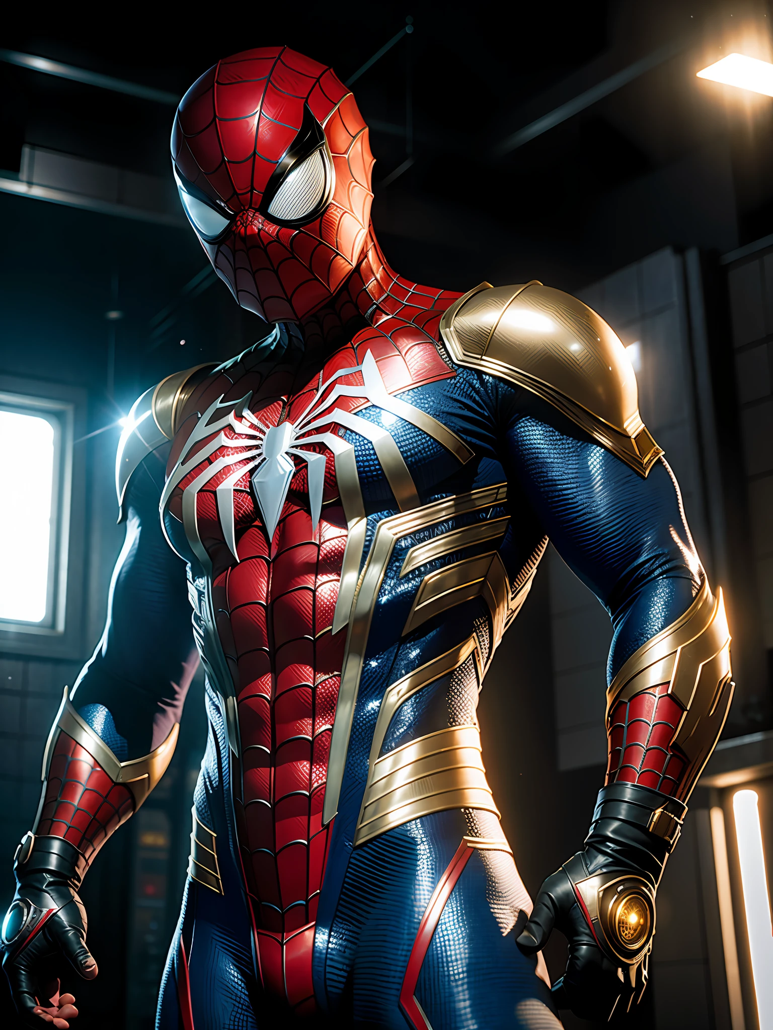 (8k, foto RAW, melhor qualidade, obra-prima: 1.2), ultra detalhado, arte oficial, foto-realista: 1.37, Scene from the movie, close-up shot of Spider-Man 2099 from Marvel, distorted space, distorted undead in the background, lens flares, light shafts, intricate details, highly detailed, volumetric lighting, 4k rendering, stock photo, hyperrealistic, realistic textures, dramatic lighting, Unreal Engine