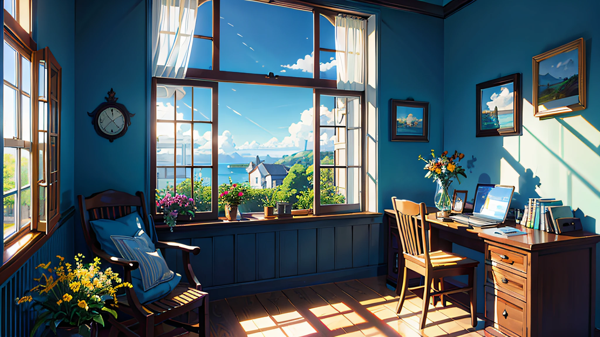 masterpiece, best quality,Sunshine,Room,Flowers and plants,Blue Sky,Wooden room,Bookshelf,Study,Glass window,Scenery,Afternoon,Light perception,dark halo,