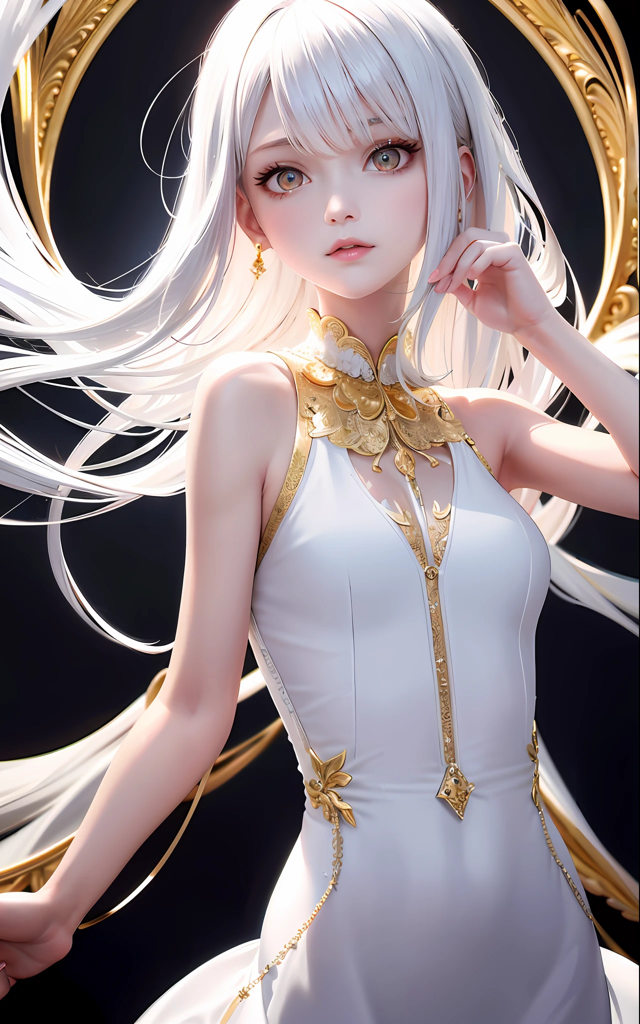 Superb and masterpiece, high resolution, best quality, UHD, super detail, award-winning, retina, 16k, upper body, a beautiful girl, white hair, ((golden eyes)), hanging corners, (white clothes), hair, fair skin, small breasts, slender body