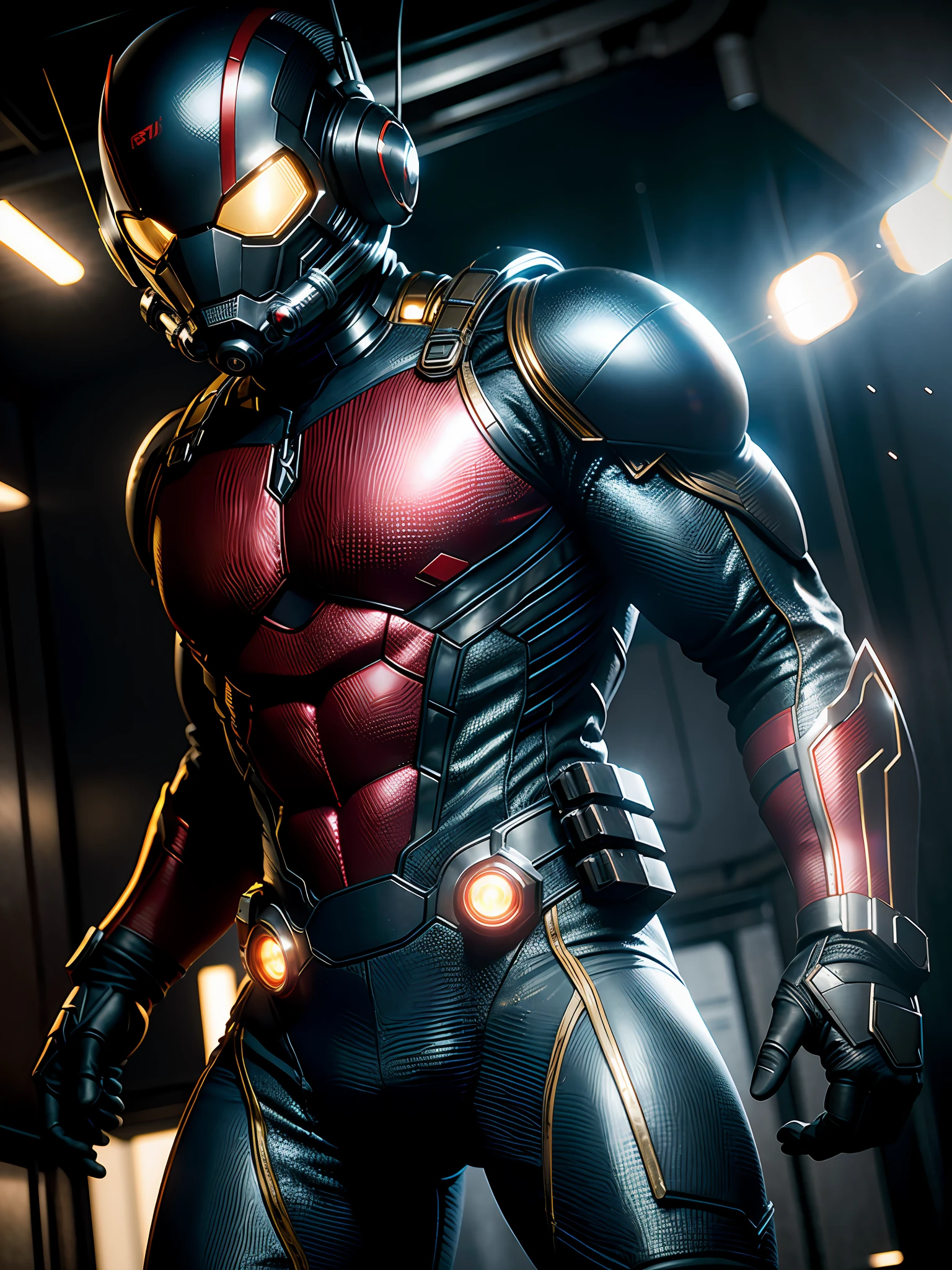 (8k, foto RAW, melhor qualidade, obra-prima: 1.2), ultra detalhado, arte oficial, foto-realista: 1.37, Movie scene, close-up shot of Ant-Man from Marvel, distorted space, distorted undead in the background, lens flares, light shafts, intricate details, highly detailed, volumetric lighting, 4k rendering, stock photo, hyperrealistic, realistic textures, dramatic lighting, Unreal Engine
