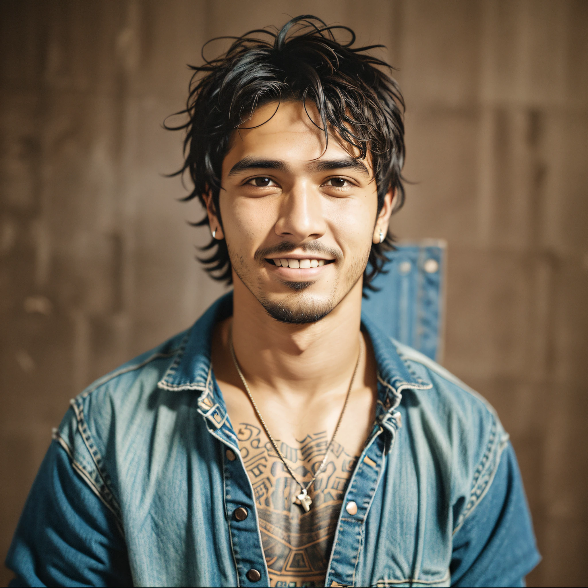 Man arafo standing, smiling, background blurred, rags, wearing tattered clothes, album art, rough face, mid-plane portrait, andres rios, portrait of a rude young man, alex flores, portrait image, enes dirig, robust details