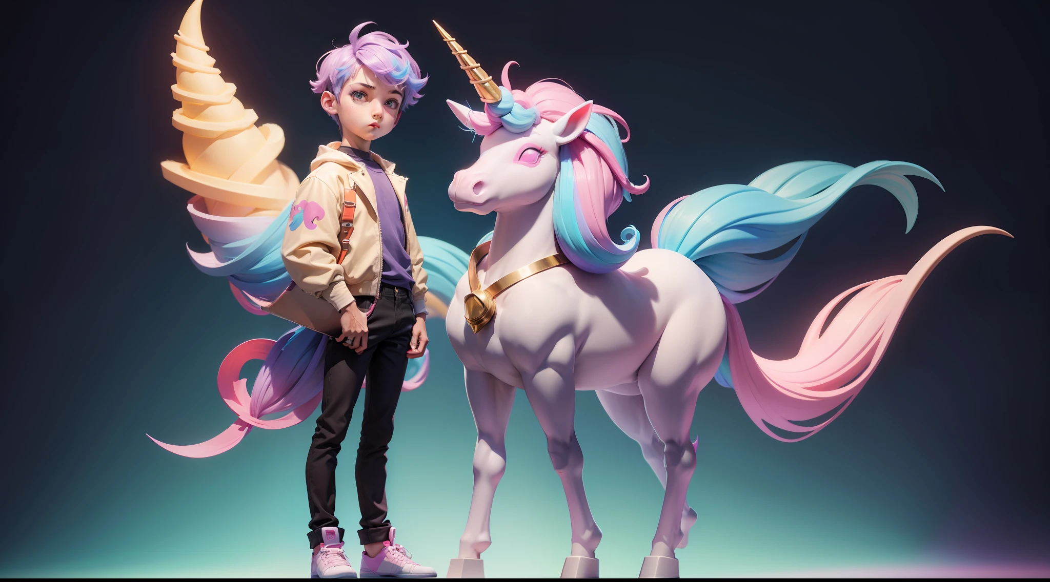 a boy with unicorn head, colorful, full body, masterpiece, 3dmm style, holding a macbook