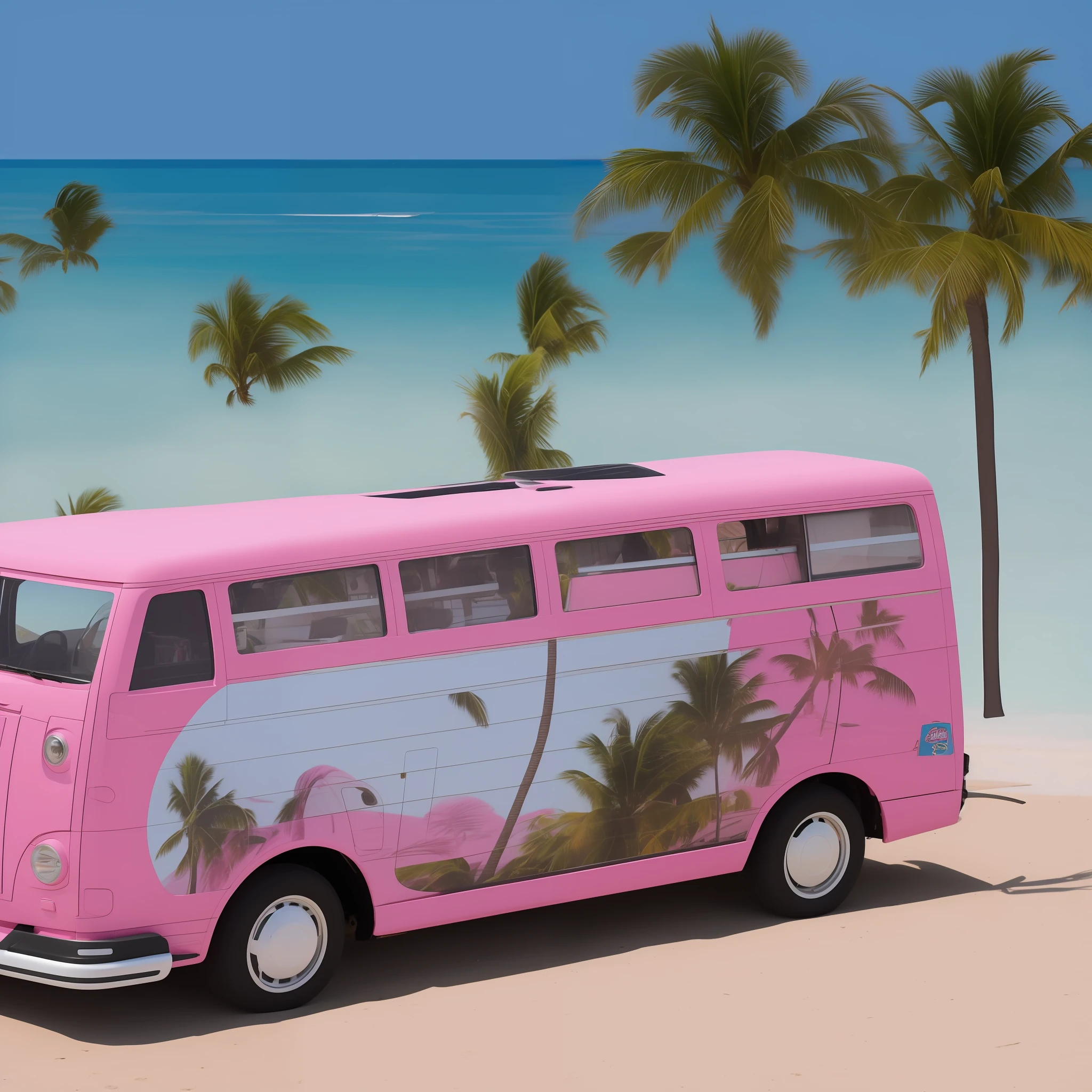 A wagen bus runs on the beach with a surfboard on the roof, the car paint is mainly white and pink, and the side of the wagen bus is pop art in the style of Ligneclaire, depicting palm trees, airplanes, the moon, beach umbrellas, deck chairs and tables on the seaside.