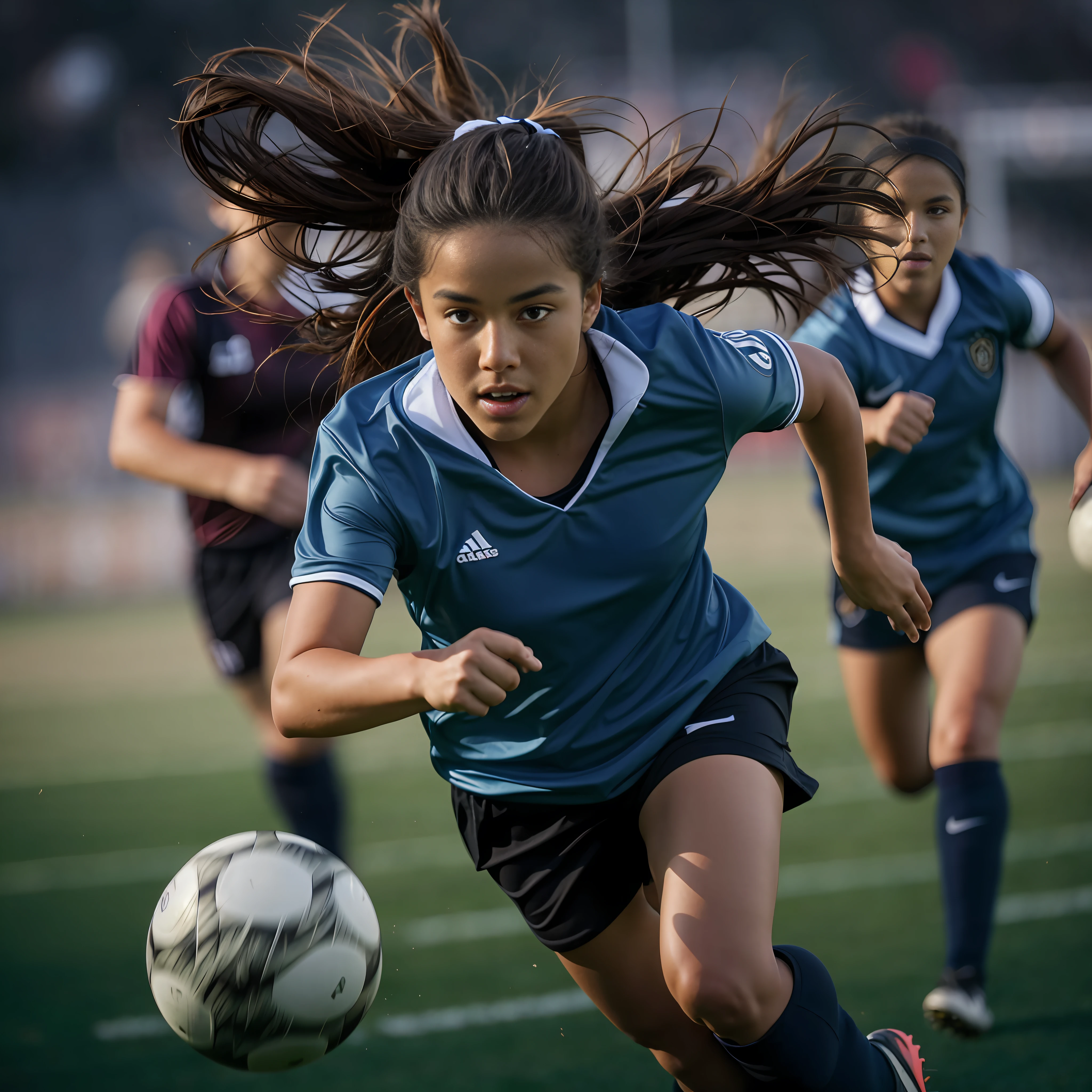 there are two girls playing soccer on a field with a ball, sports photography, playing soccer, sport photography, wearing a school soccer uniform, soccer player, action shot, godesses, on a soccer field, soccer, athletic fashion photography, dynamic action shot, dribbling, girl running, sport game, cover shot, athlete photography, wide angle dynamic action shot