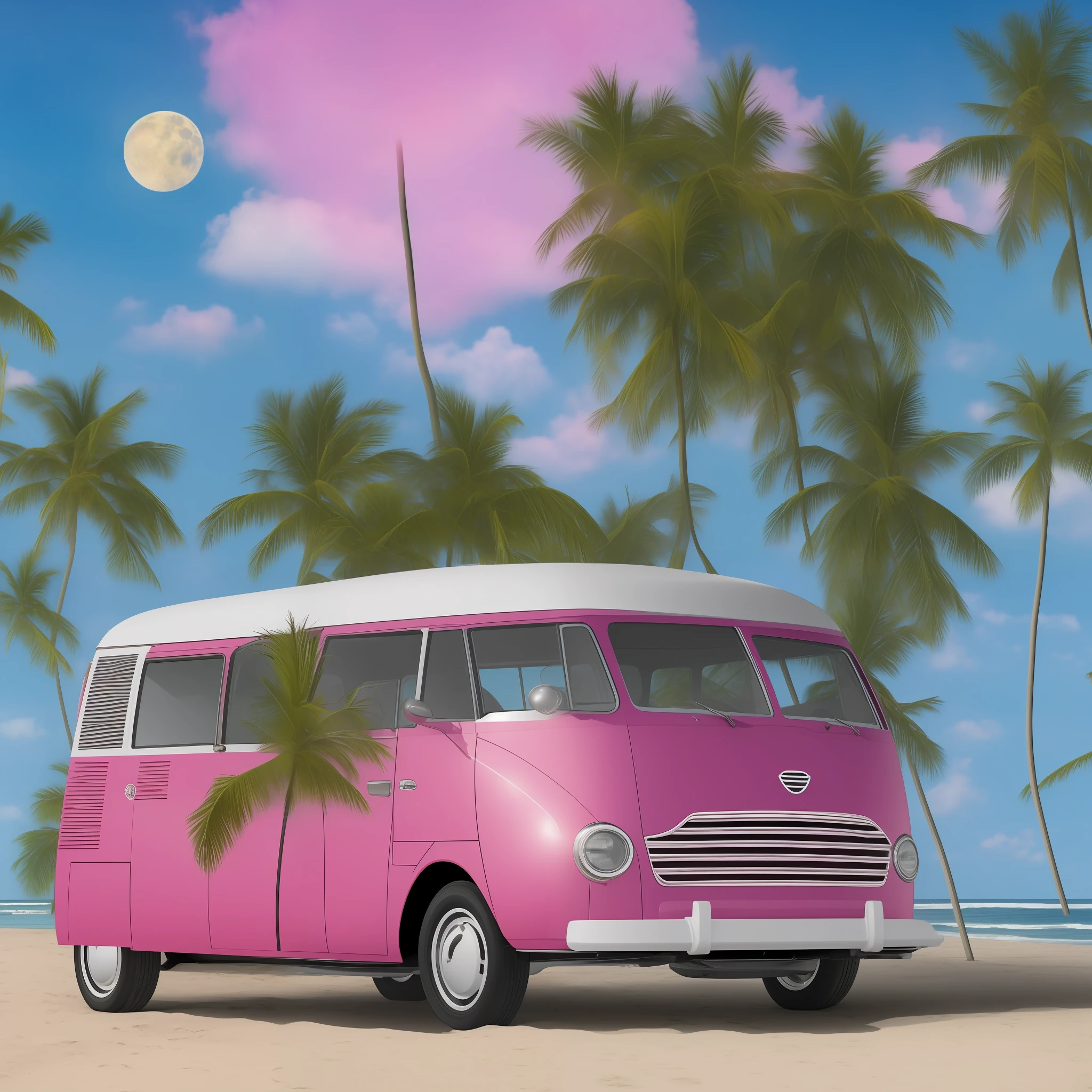 A wagen bus runs on the beach with a surfboard on the roof, the car paint is mainly white and pink, and the side of the wagen bus is pop art in the style of Ligneclaire, depicting palm trees, airplanes, the moon, beach umbrellas, deck chairs and tables on the seaside. Wind, Delicate Details, Detailed Background, Delicate Pattern, High Quality, High Quality, High Resolution, 8K, Masterpiece