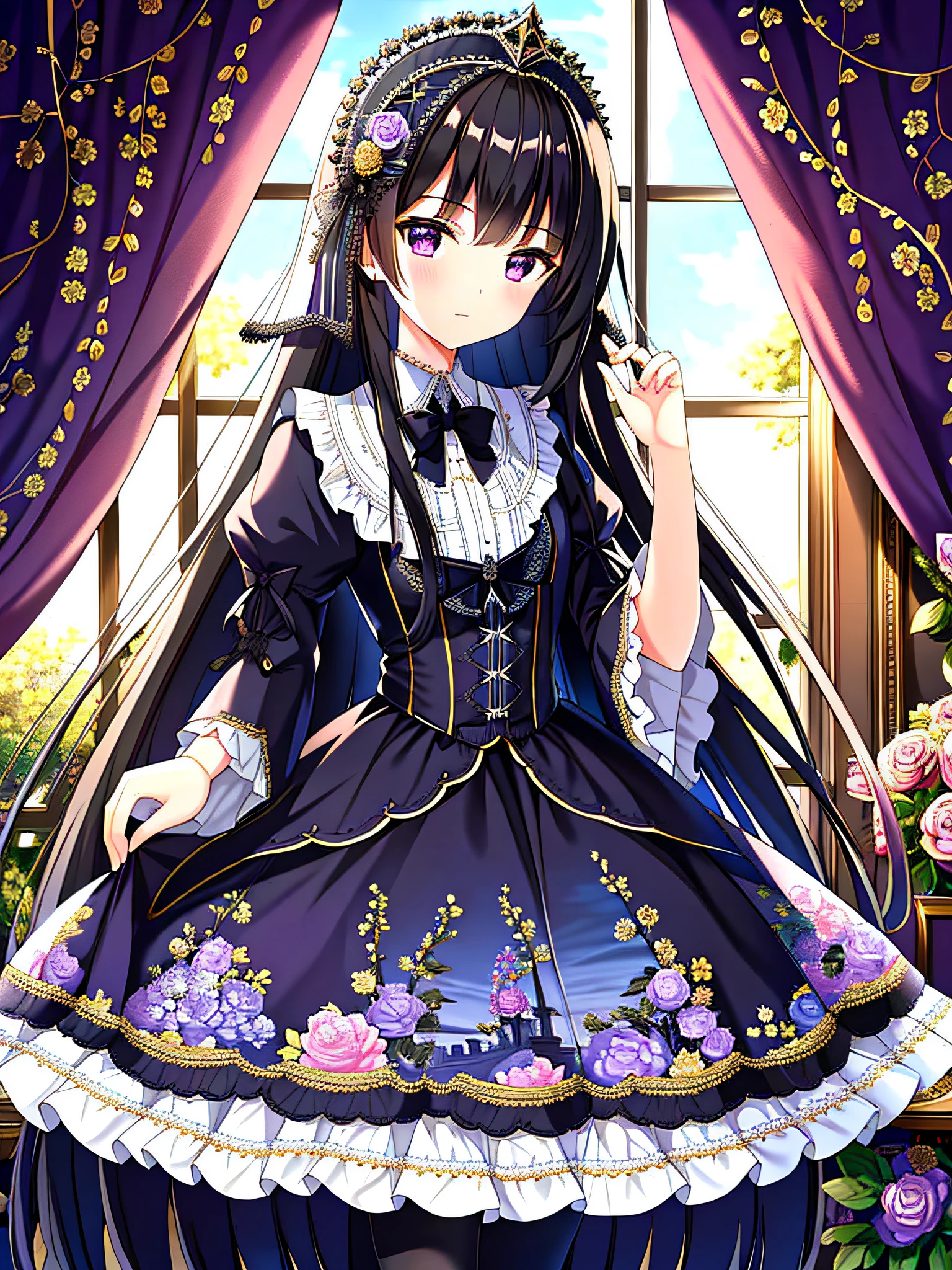 ((masterpiece)),((best quality)),(ultra-detailed),(illustration),((an extremely delicate and beautiful)),(dynamic angle),
1girl, flowers, spring, beside window, rose, very long hair, detailed face, long eyelashes, flower in eye, frilled sleeves, corset, tiara, princess,
purple eyes, wide-eyed, clear sky, daylight, sunny, dark blue dress, rose, black hair, patterned clothing, (lo gothic:1.4), platform heels, dark blue thighhighs,