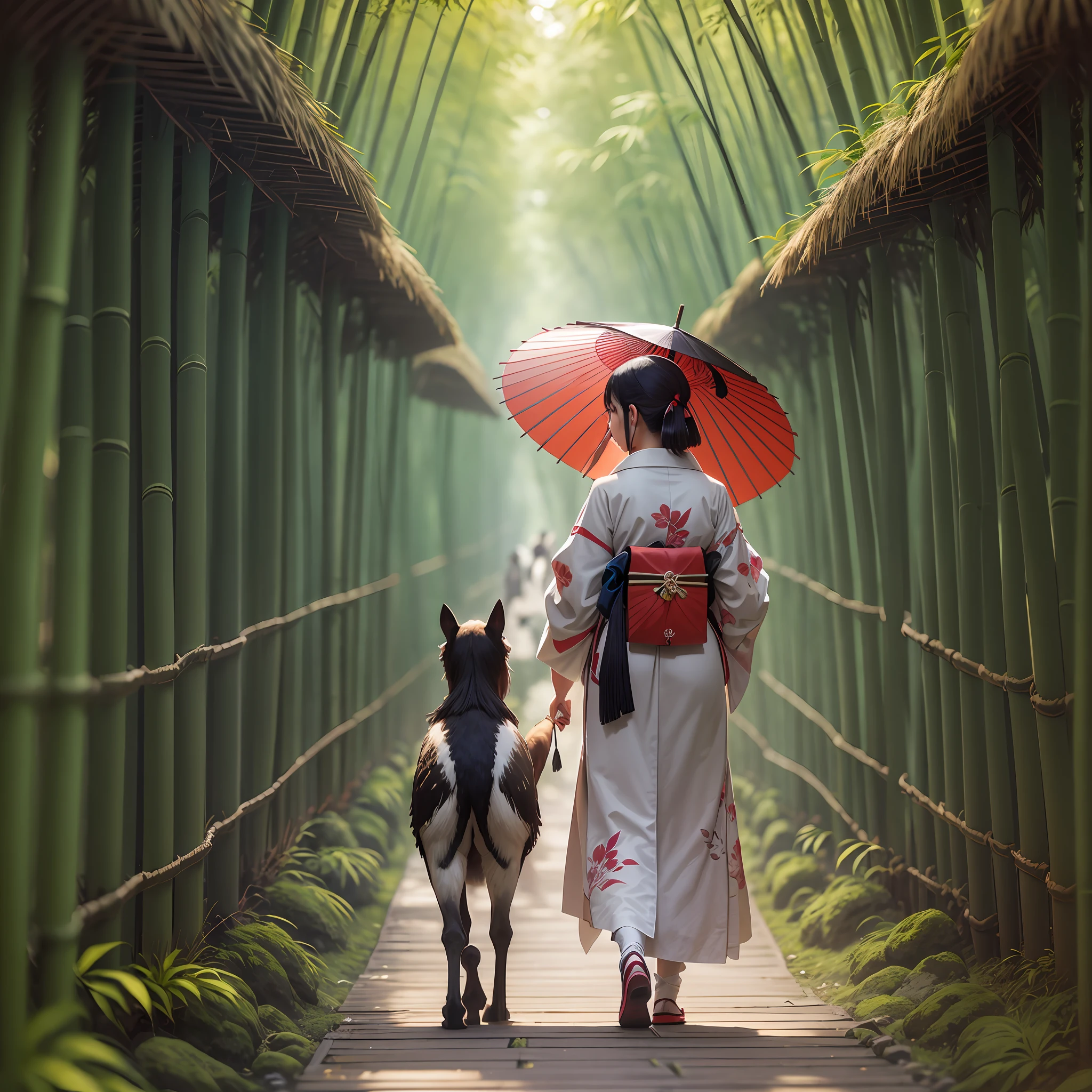 araffe walking down a path in a bamboo forest with an umbrella, a picture inspired by Shūbun Tenshō, shutterstock, ukiyo-e, deep in a japanese bamboo forest, japan deeper travel exploration, walking in a bamboo forest, in a bamboo forest, kyoto inspired, japan travel and tourism, bamboo forest, japan nature --auto --s2