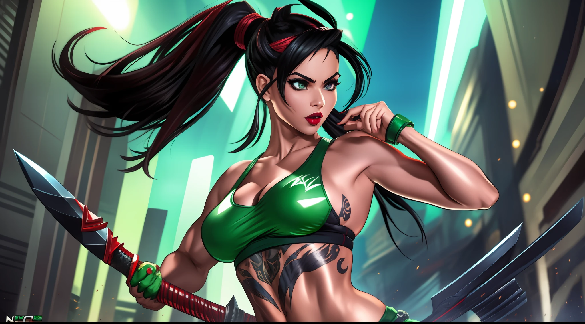 league of legends, akali, ninja, kunai, tattoos, ponytail, green ??????, c string, gloves, no fingers, sleeveless, ????????????, cleavage, red lipstick, black hair, red eyes, wide ????, thick thighs, muscles, abs, action pose, marvel comic style