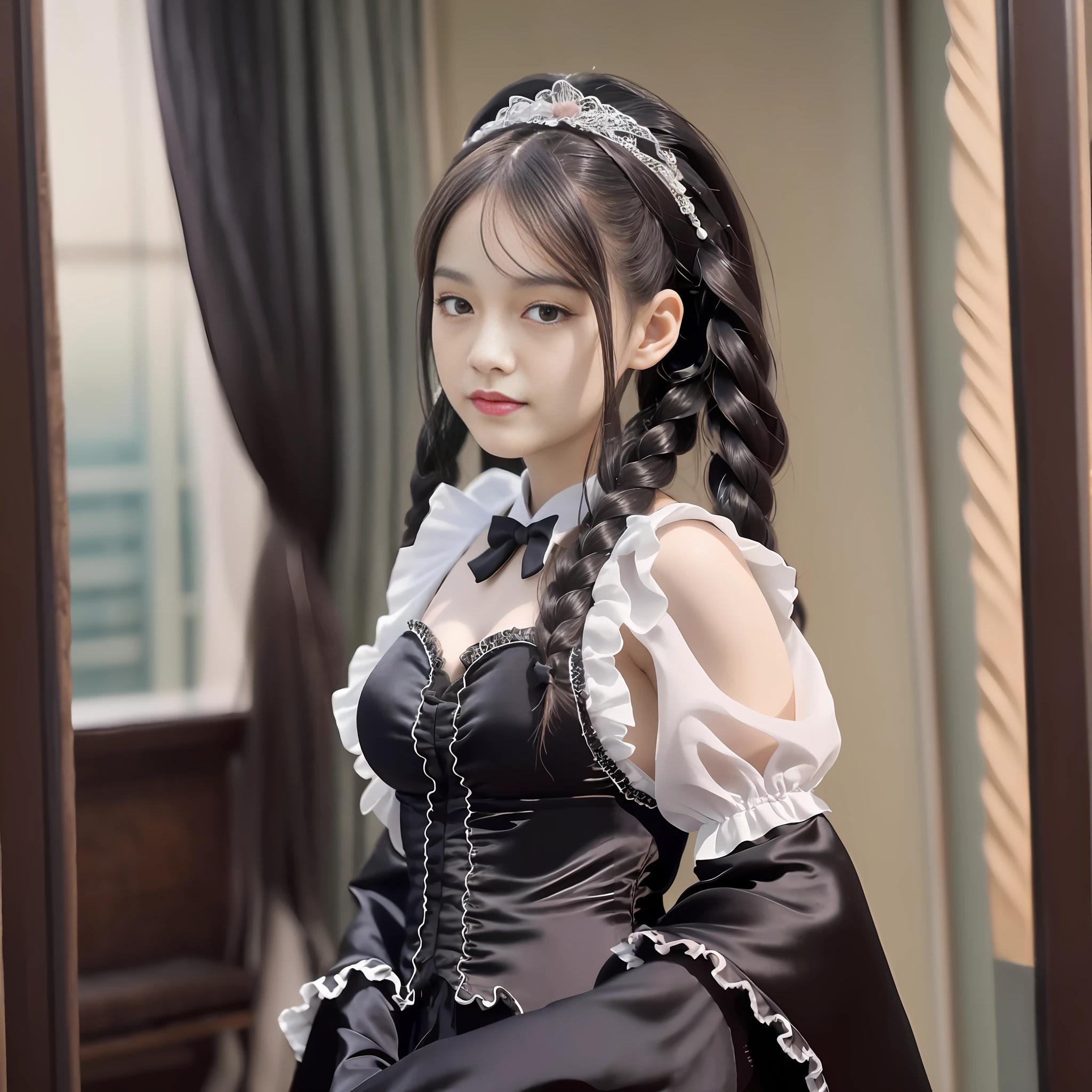 Best quality, super high resolution, photo reproduction, photo of a beautiful woman, 14yo teenage age, black Dutch braid with twist, (detailed porcelain doll, delicate black silk stockings, miniskirt), mansion pool, (face close-up), seductive appearance, looking at the viewer, showing the chest