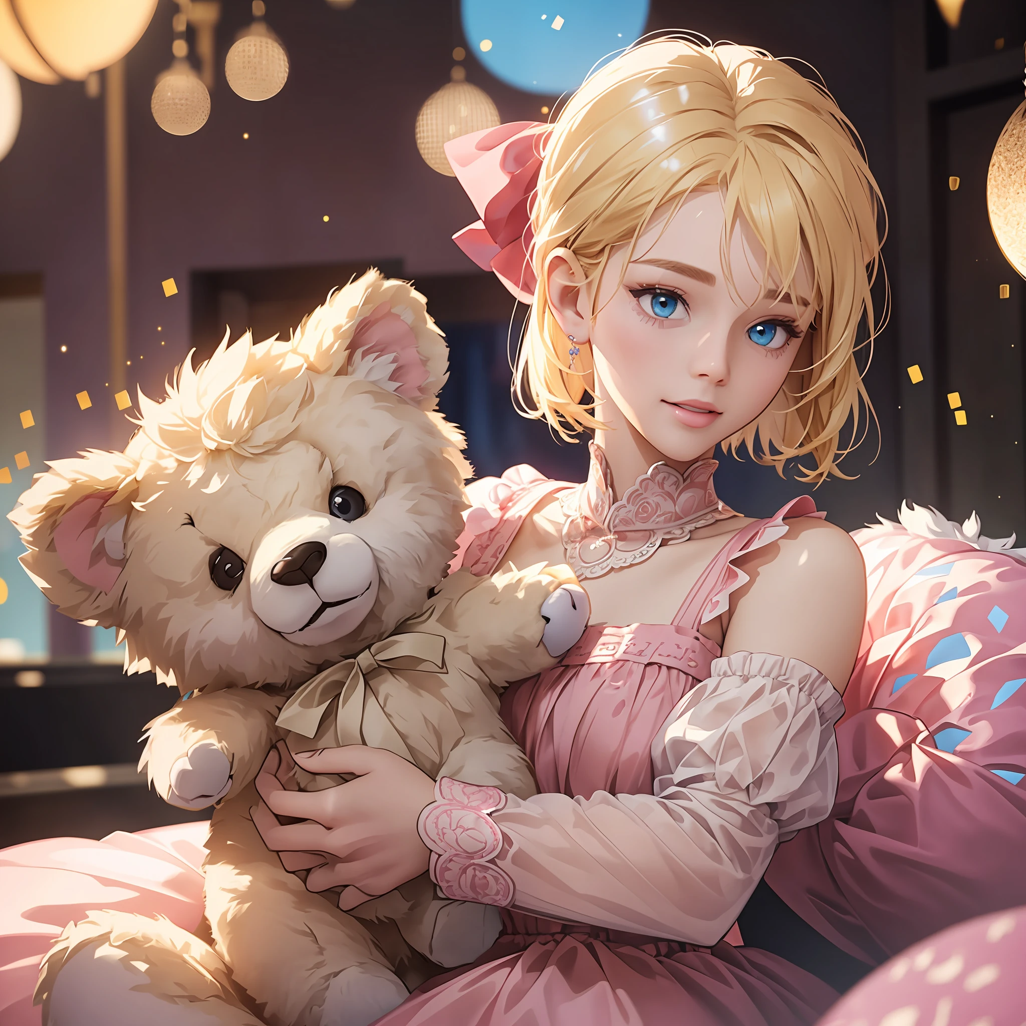A blonde girl blue eyes (haircut sidecut), holding a teddy bear, bronco background, perfect teeth, in a pink silk dress, happy, perfect quality, clear focus (mess-house: 0.8), (masterpiece: 1.2) (Realistic: 1.2) (Bokeh) (Best quality) (Detailed Skin: 1.3) (Intricate Details) (8K) (Detail Eyes) (Sharp Focus), (Happy) --auto --s2
