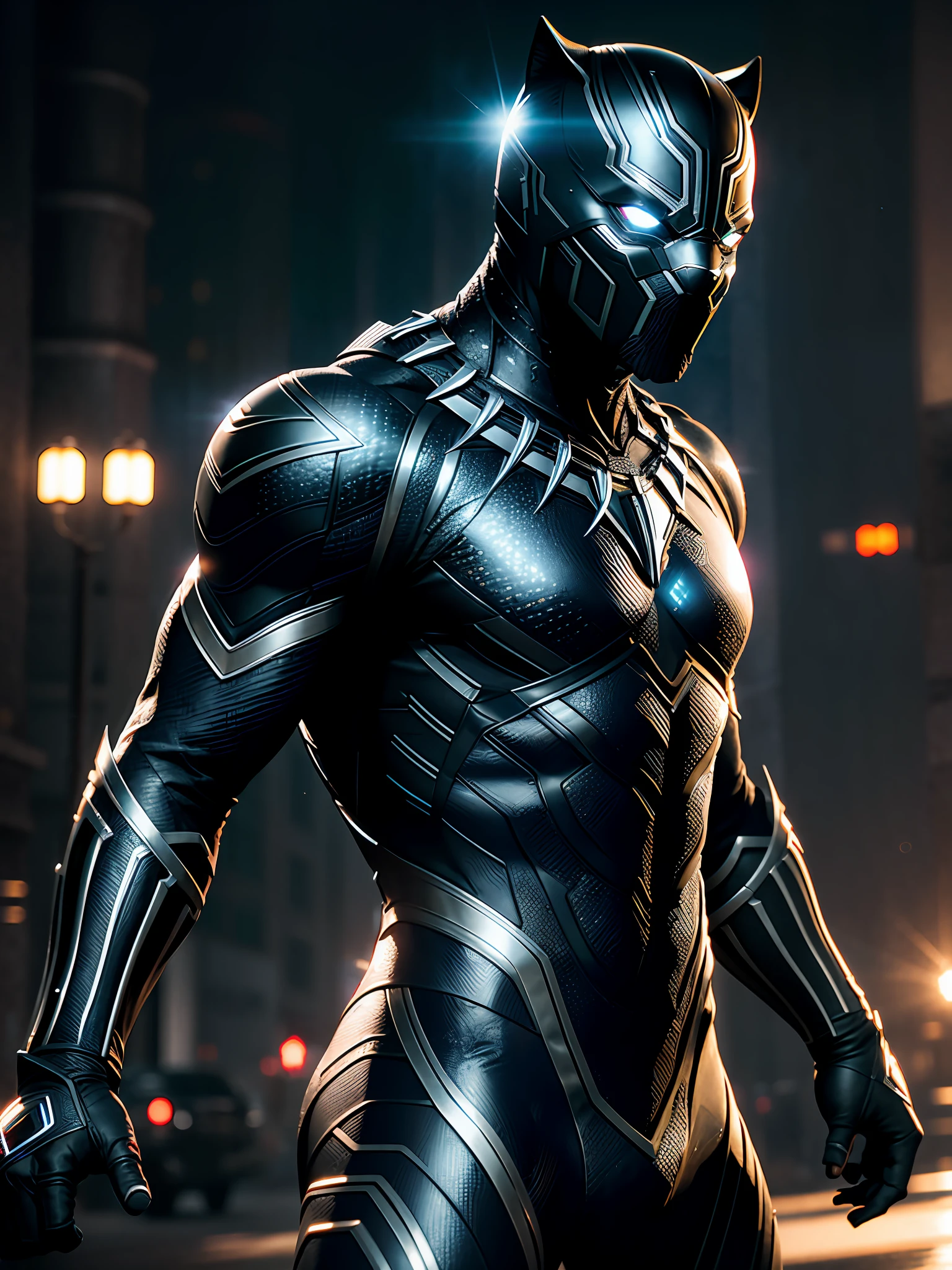 (8k, foto RAW, melhor qualidade, obra-prima: 1.2), ultra detalhado, arte oficial, foto-realista: 1.37, Scene from the movie, close-up shot of Black Panther from Marvel, distorted space, distorted undead in the background, lens flares, light shafts, intricate details, highly detailed, volumetric lighting, 4k rendering, stock photo, hyperrealistic, realistic textures, dramatic lighting, Unreal Engine