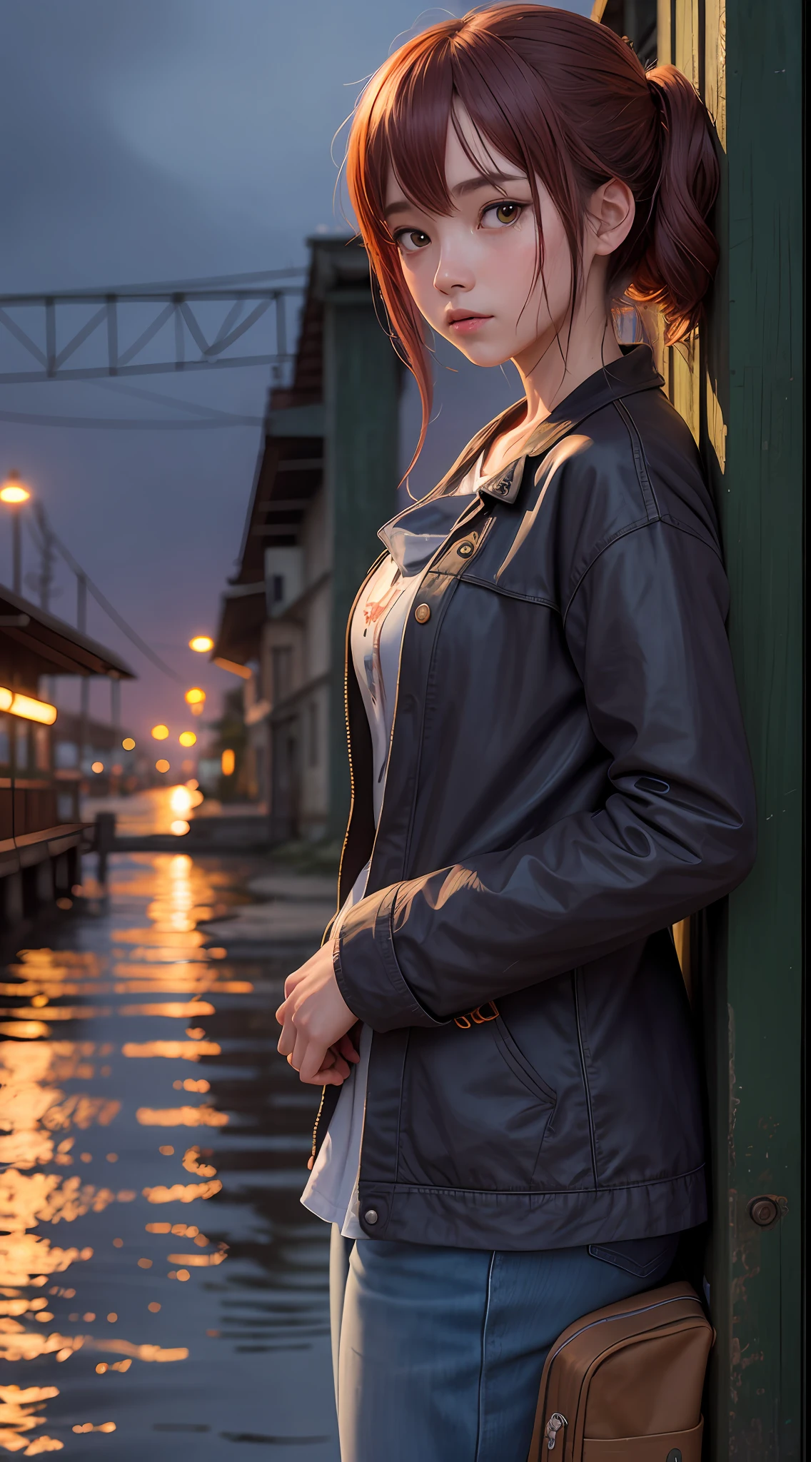 1girl, Post-Impressionism,  anime key visual,  landscape of a Wet Stupid Fish market  and biophilic Tanzanian Bridge, at Twilight, Sketch, hair light, hearthstone artwork, cinematic, unreal engine