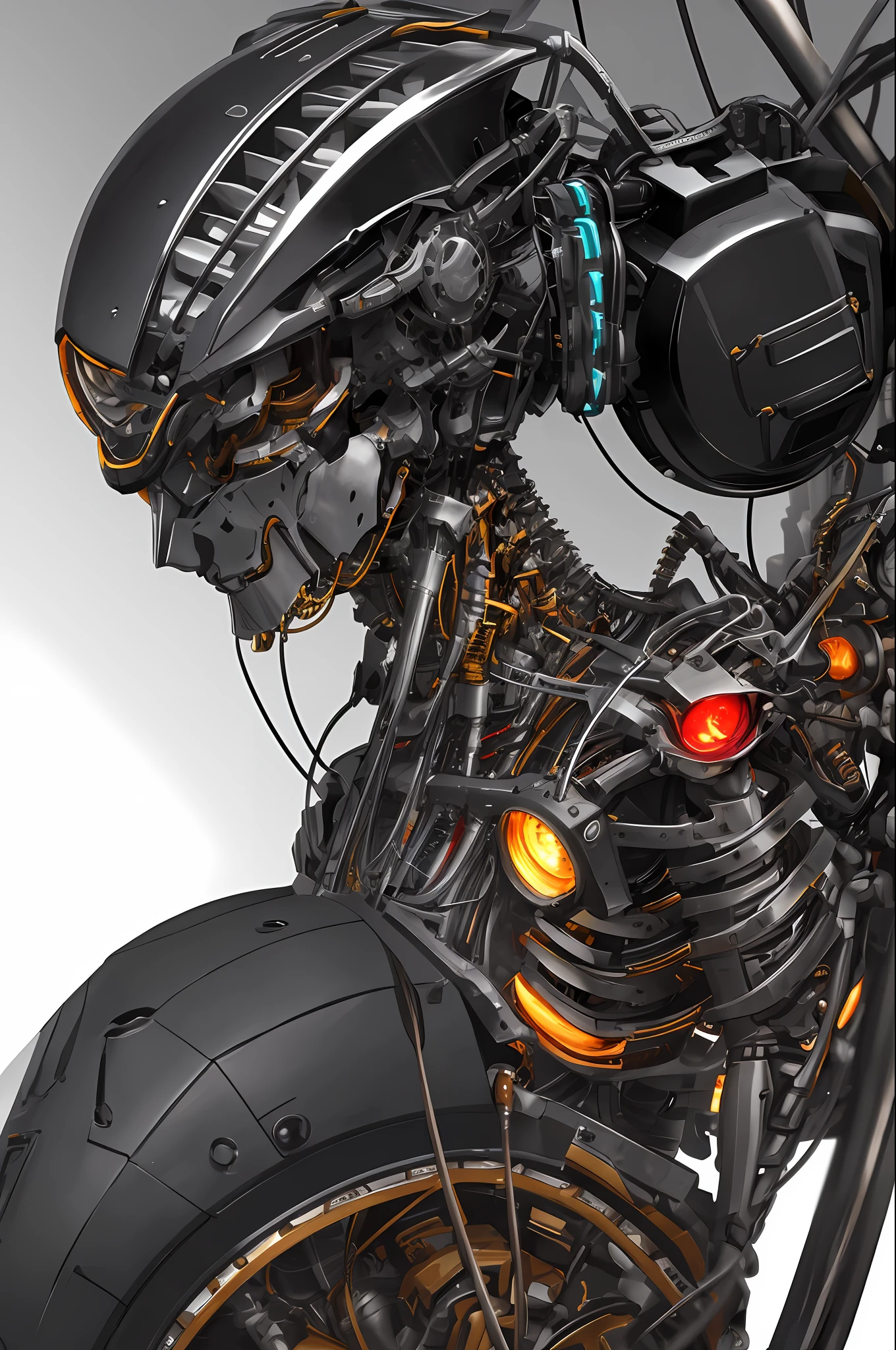1 mechanical girl, ((super realistic details)), portrait, super sexy, big breasts, global illumination, shadows, octane rendering, 8k, super sharp, metallic, complex, ornamental detailed, cool color, Egyptian detail, highly complex details, realistic light, CGsociety trend, glowing eyes, facing camera, neon details, mechanical limbs, blood vessels attached to tubes, mechanical vertebrae attached to the back, mechanical cervical vertebrae attached to the neck, sitting, wires and cables attached to the head