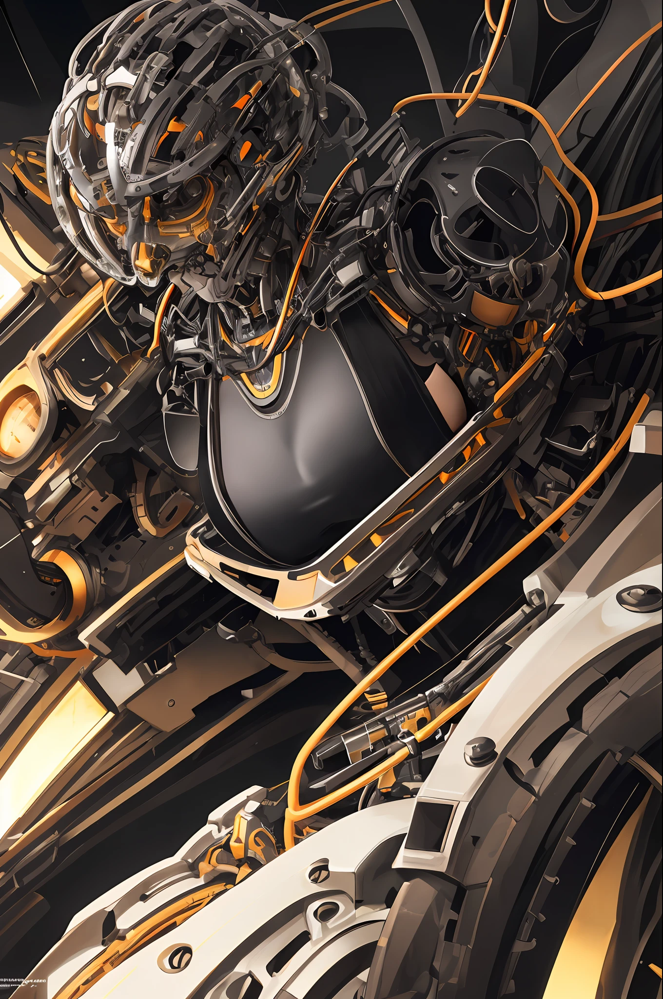 1 mechanical girl, ((super realistic details)), portrait, super sexy, big breasts, global illumination, shadows, octane rendering, 8k, super sharp, metallic, complex, ornamental detailed, cool color, Egyptian detail, highly complex details, realistic light, CGsociety trend, glowing eyes, facing camera, neon details, mechanical limbs, blood vessels attached to tubes, mechanical vertebrae attached to the back, mechanical cervical vertebrae attached to the neck, sitting, wires and cables attached to the head