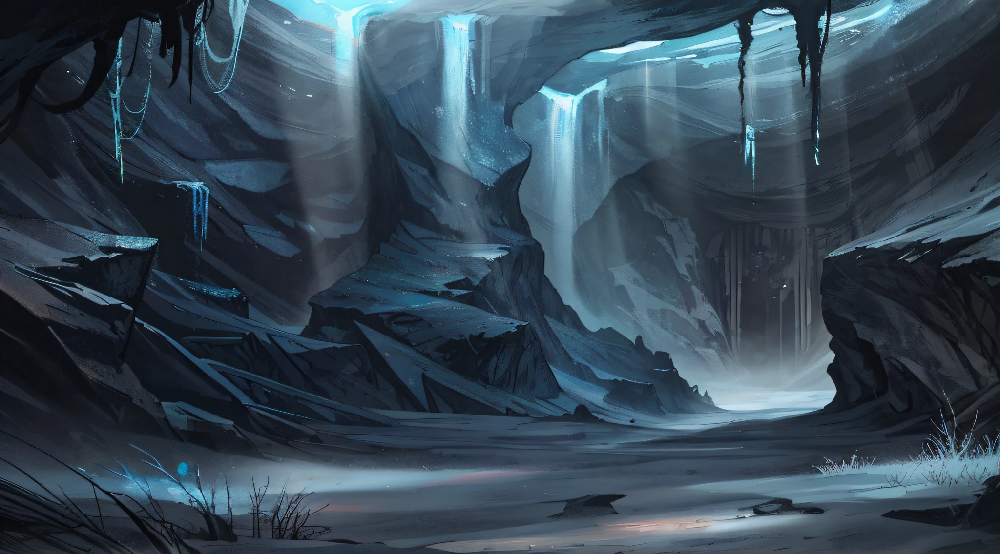 There is a painting of a cave, dry ground, desolate and gloomy, evil mist