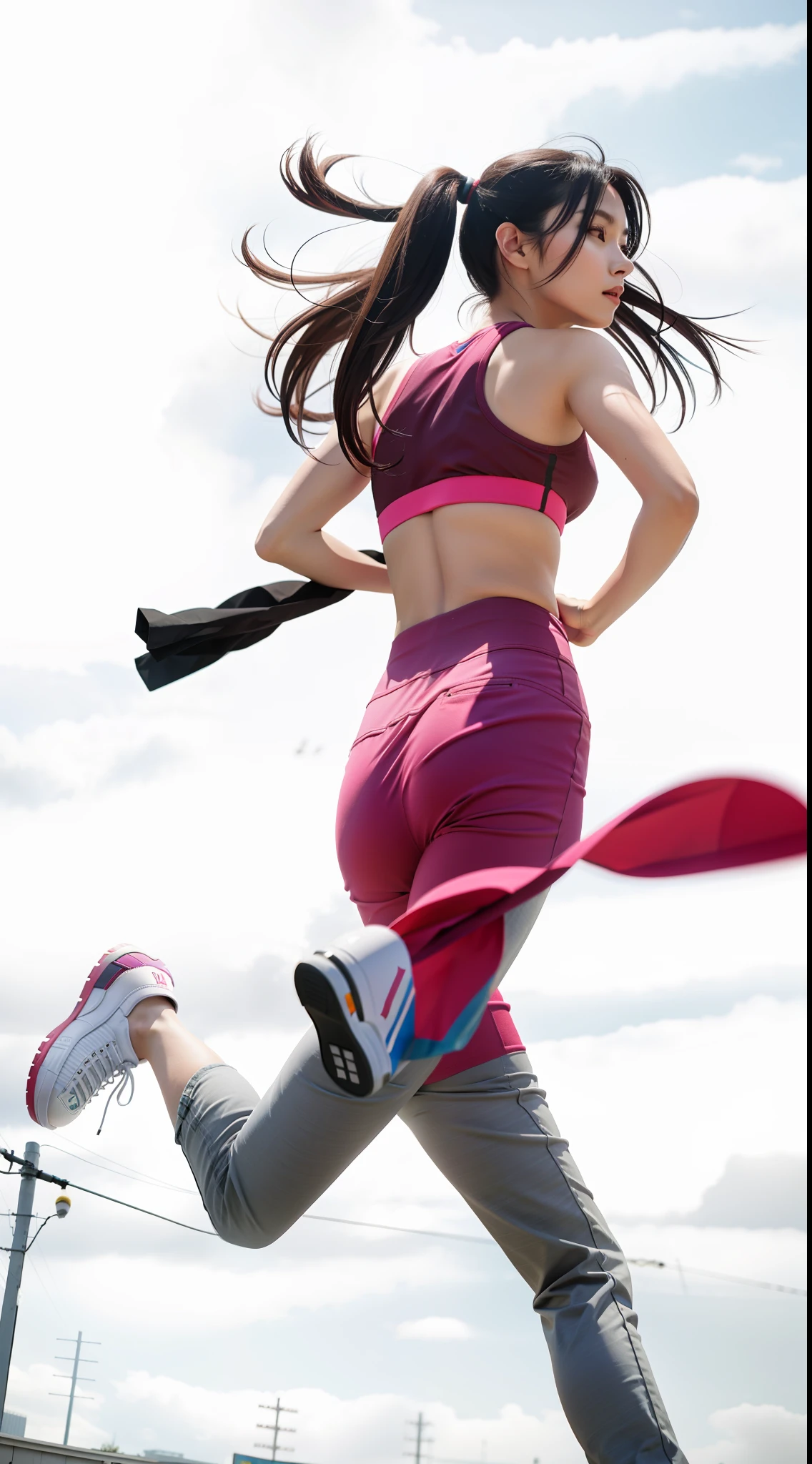 Woman running looking back, slightly impatient face, best quality, real photo, 8K
