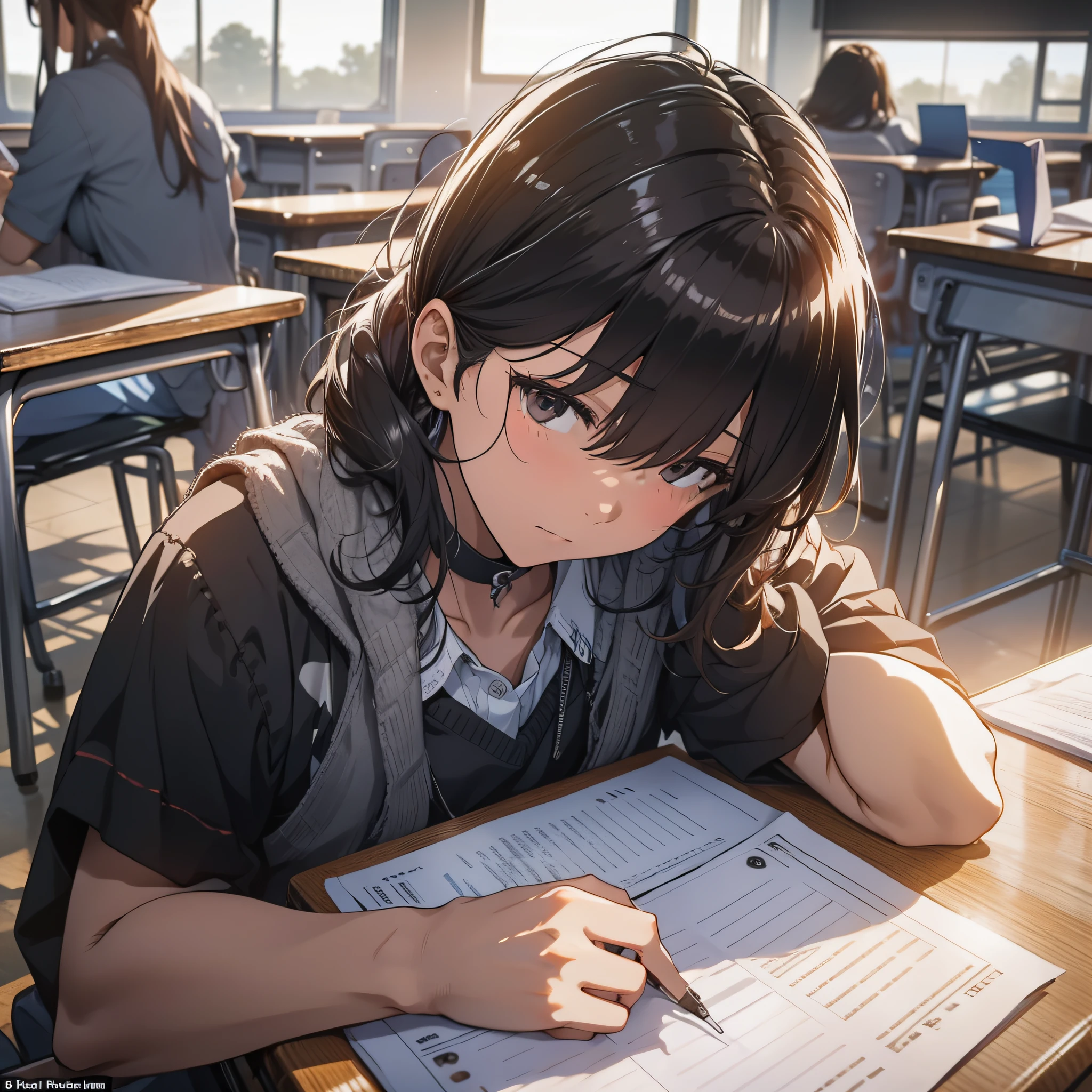 A male student sat in the classroom secretly playing with the computer, and other students listened carefully and did homework in the classroom, and the male student was very afraid