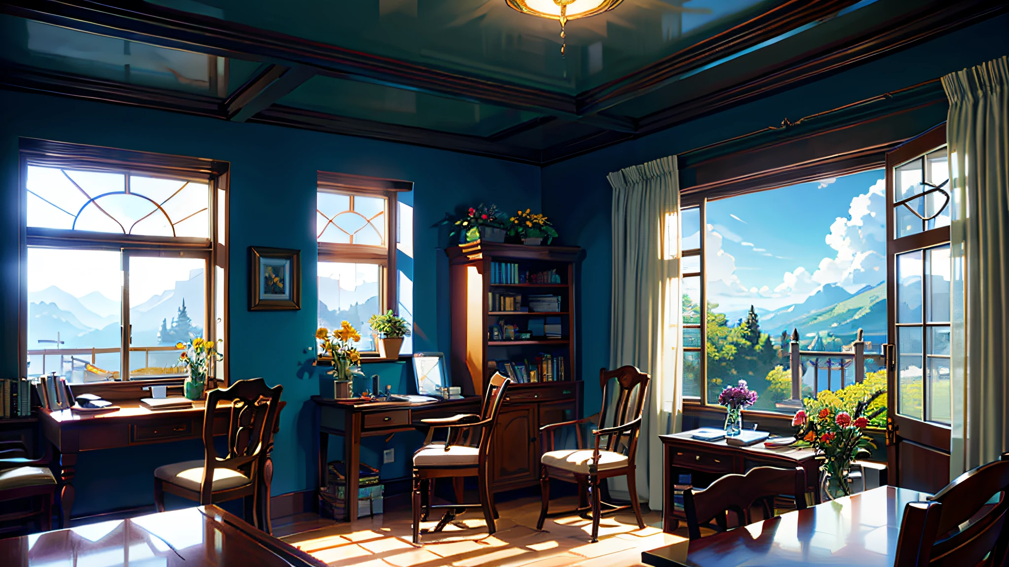masterpiece, best quality,Sunshine,Room,Flowers and plants,Blue Sky,Wooden room,Bookshelf,Study,Glass window,Scenery,Afternoon,Light perception,dark halo,