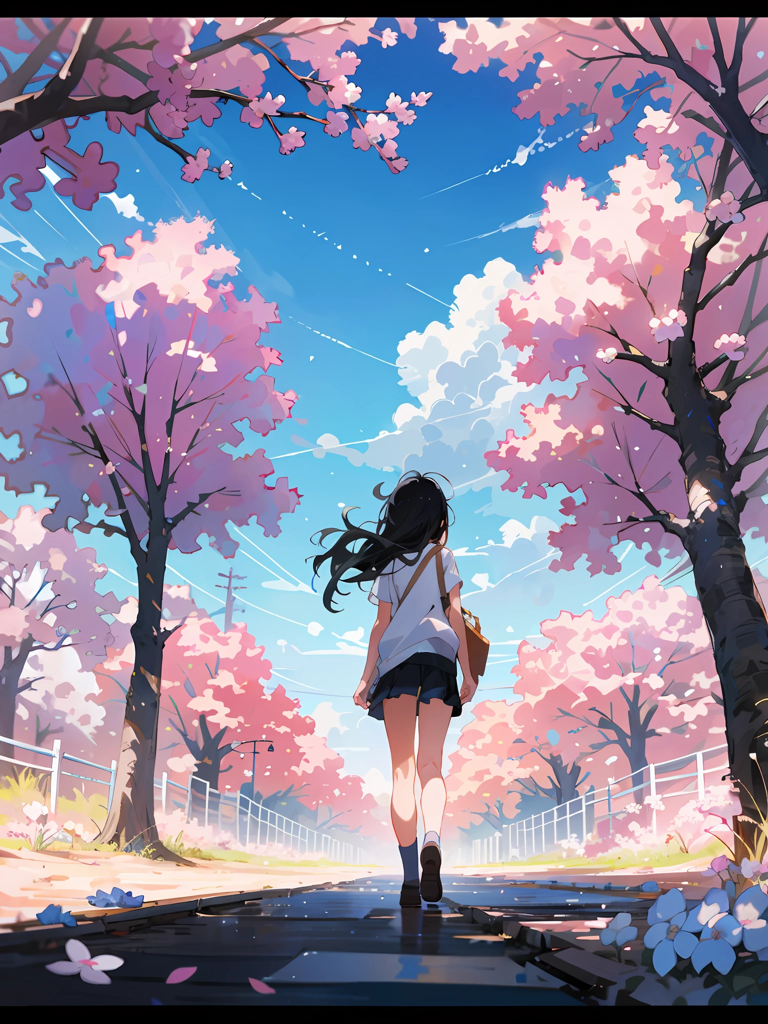 Wide landscape photo (view of the sky from below), blue sky that fills the screen, cherry blossom tree path, one girl looking up at the sky, spring day, white dress, smile, black hair, long hair, far away, big sky, small people, from behind, fresh, back view, clear light, rear view, art station trend, 8K resolution, high resolution, anatomically correct, clear image, digital painting, concept art, pixiv trend, style Makoto Shinkai, full body, wide angle