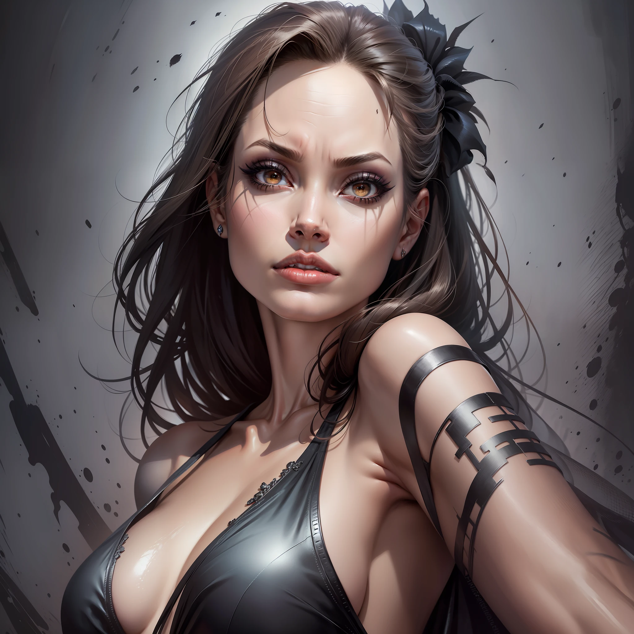 " (detailed face + makeup), upper body, Angelina Jolie looking at the viewer in dynamic and powerful pose, detailed and dark background, promoting a dark and mysterious atmosphere. "