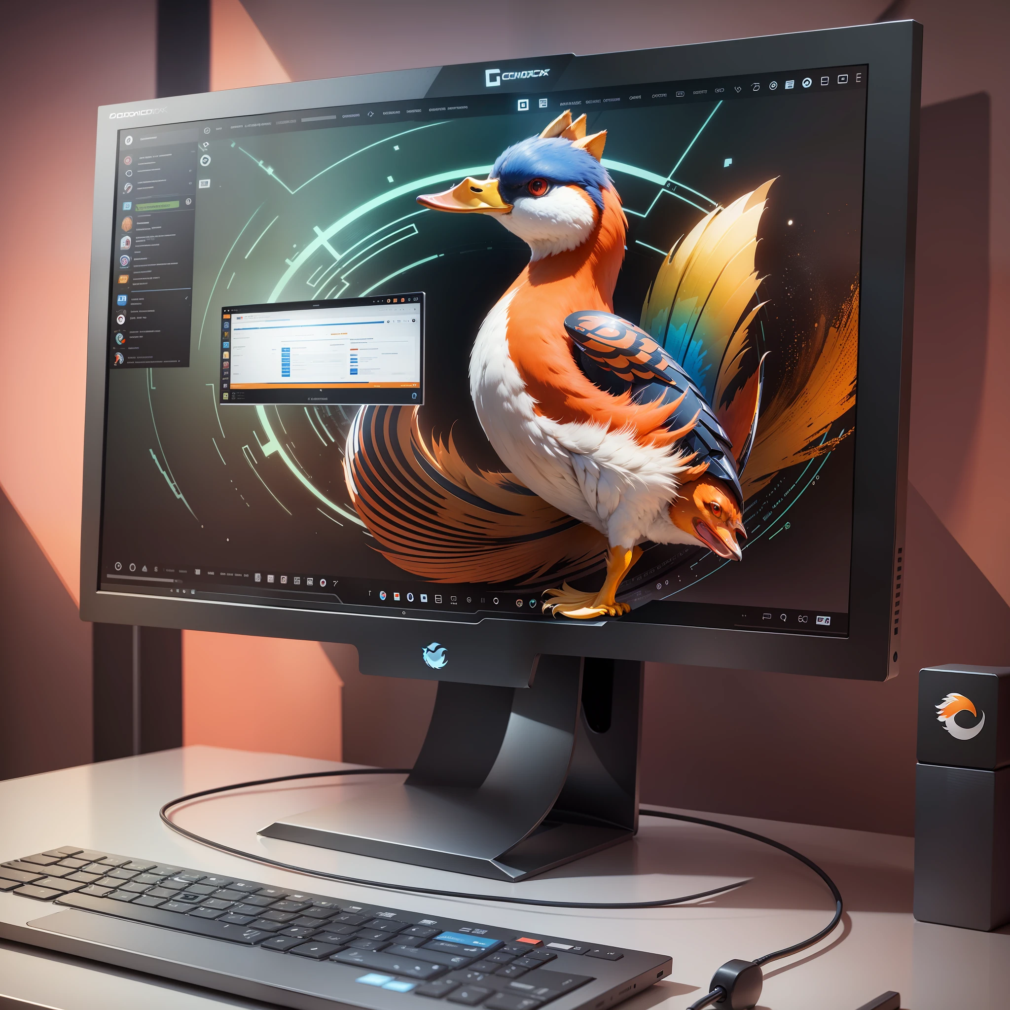 computer screen, monitor, realistic, 4k, monitor showing ranking, three positions, first place duckduck go, second place firefox, third place chrome, show logos, animations, logos on icons