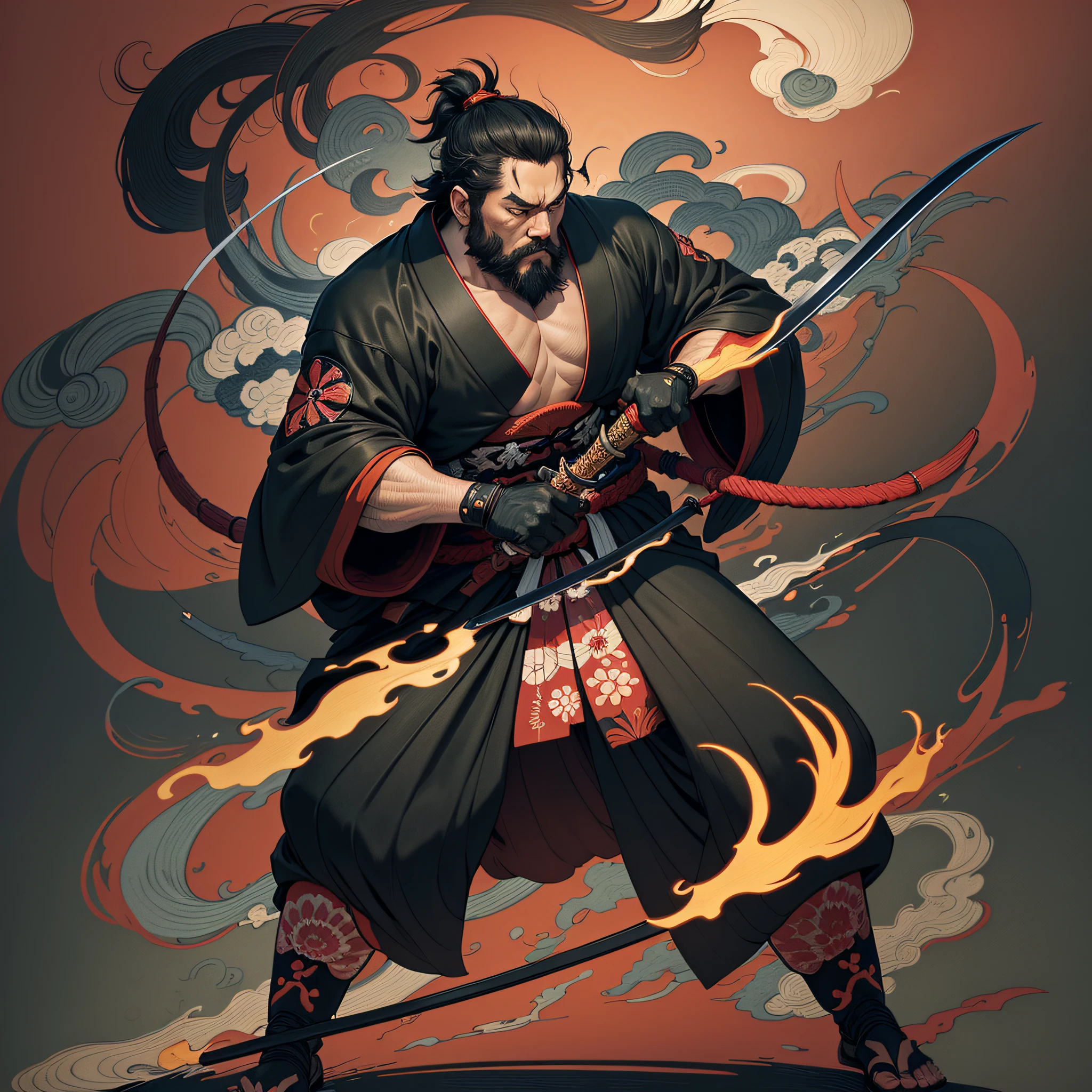 It is a full-body painting with natural colors in the style of ukiyo-e. Miyamoto Musashi is a Japan samurai with a large body like a strongman. He has a rough face, short black hair, and a short, trimmed beard. He is a righteous samurai who fights evil. He wears a black kimono. The hakama should be a little longer and draw in a flowing shape that flutters in the wind. He holds a sword in his right hand with flames coming out of his Japan sword. The background is a swirling flame in Katsushika Hokusai style. Masterpiece high-resolution ukiyo-e style, with the highest quality --auto --s2
