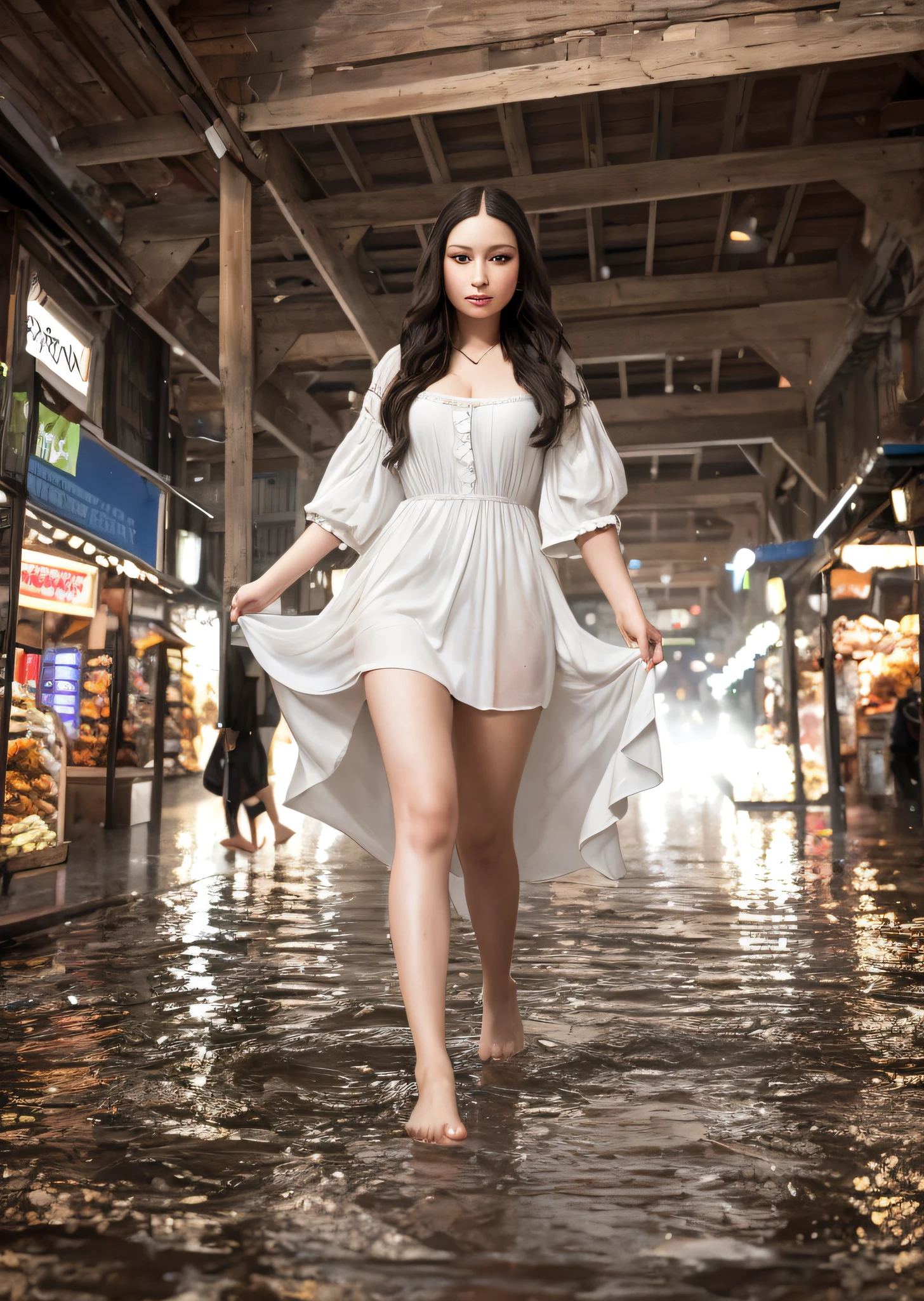 Mona Lisa and an alternative man walking in wet market, gentle expression, full body portrait, barefoot, light streaks falling from the sky, masterpiece, highest quality, high quality, highly detailed CG unit 8k wallpaper, award winning photo, bokeh, depth of field, HDR, flood, chromatic aberration, realistic, very detailed, art station trend, CGsociety trend, complex, high detail, dramatic, midway art, volumetric lighting