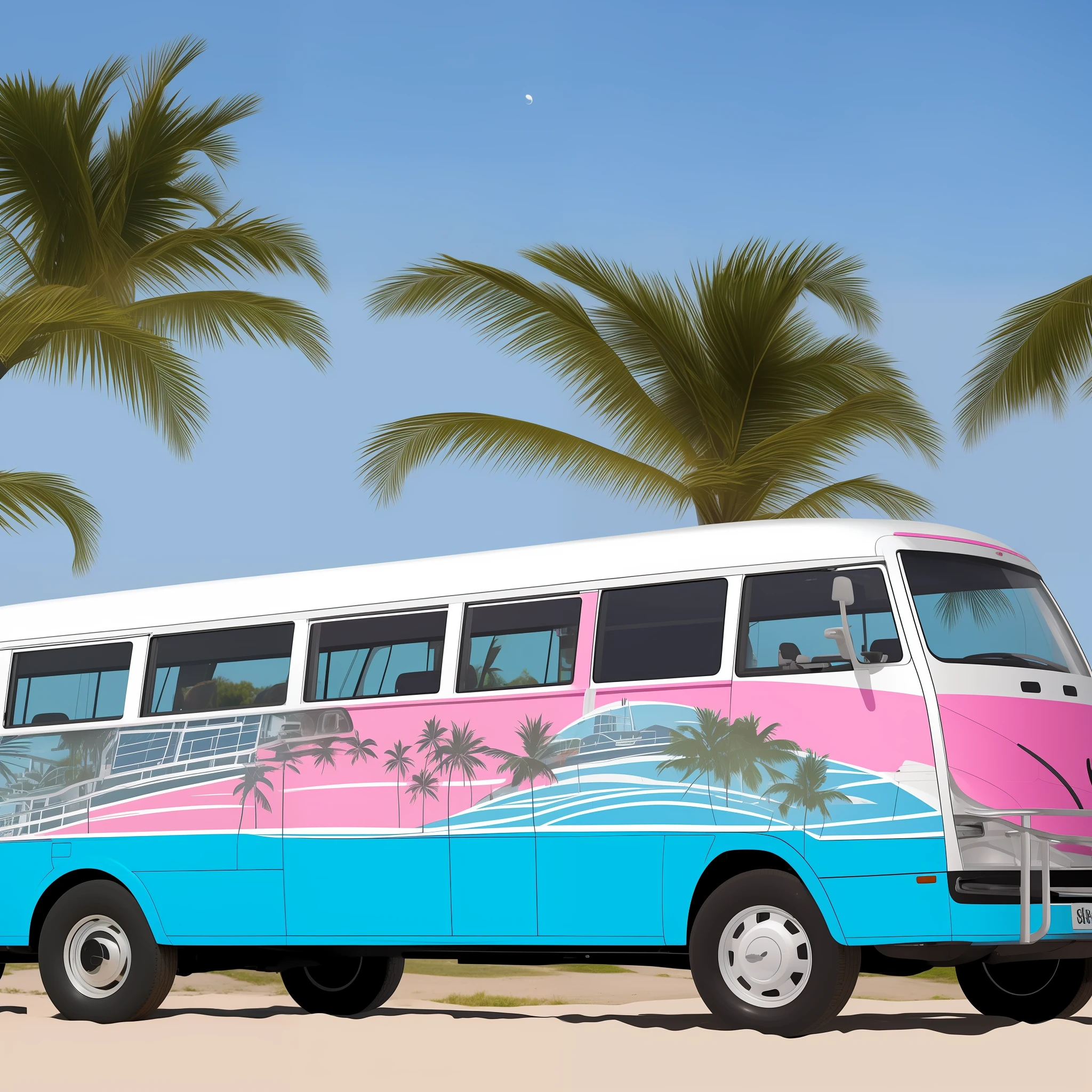 A wagen bus runs on the beach with a surfboard on the roof, the car paint is mainly white and pink, and the side of the wagen bus is pop art in the style of Ligneclaire, depicting palm trees, airplanes, the moon, beach umbrellas, deck chairs and tables on the seaside.