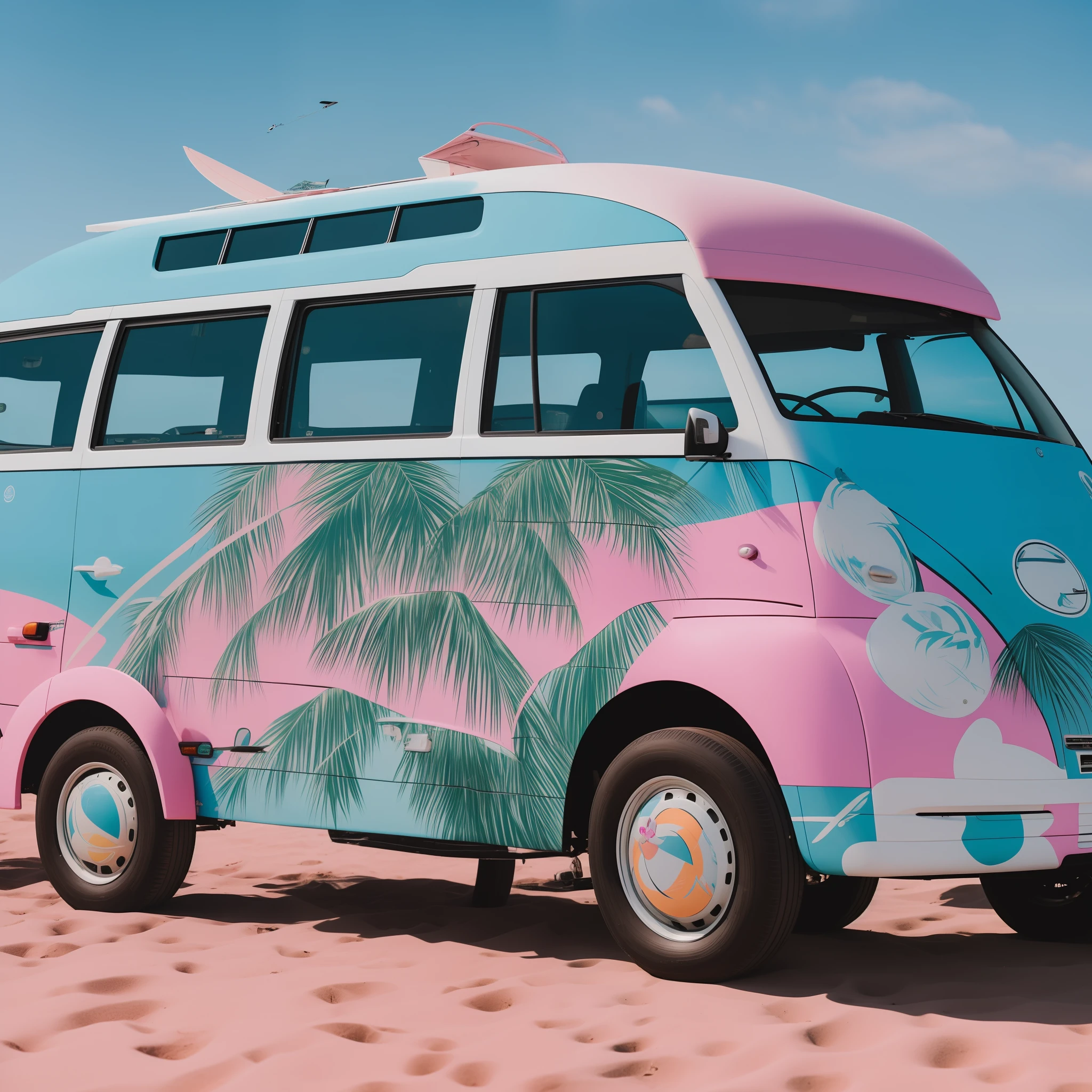 A wagen bus runs on the beach with a surfboard on the roof, the car paint is mainly white and pink, and the side of the wagen bus is pop art in the style of Ligneclaire, depicting palm trees, airplanes, the moon, beach umbrellas, deck chairs and tables on the seaside.