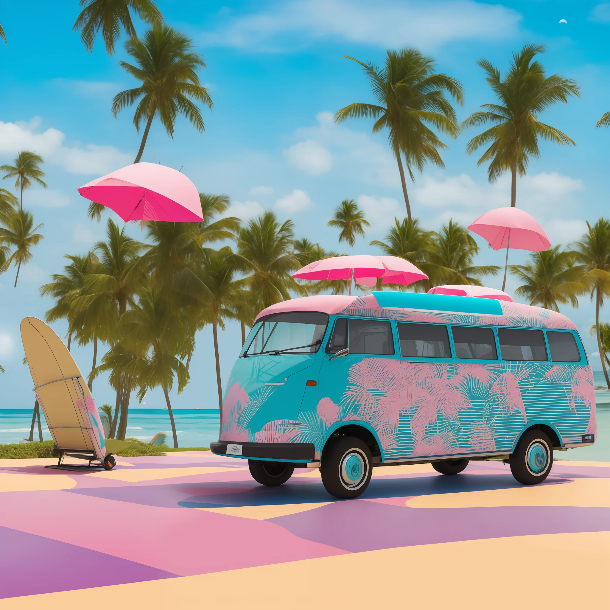 A wagen bus runs on the beach with a surfboard on the roof, the car paint is mainly white and pink, and the side of the wagen bus is pop art in the style of Ligneclaire, depicting palm trees, airplanes, the moon, beach umbrellas, deck chairs and tables on the seaside.