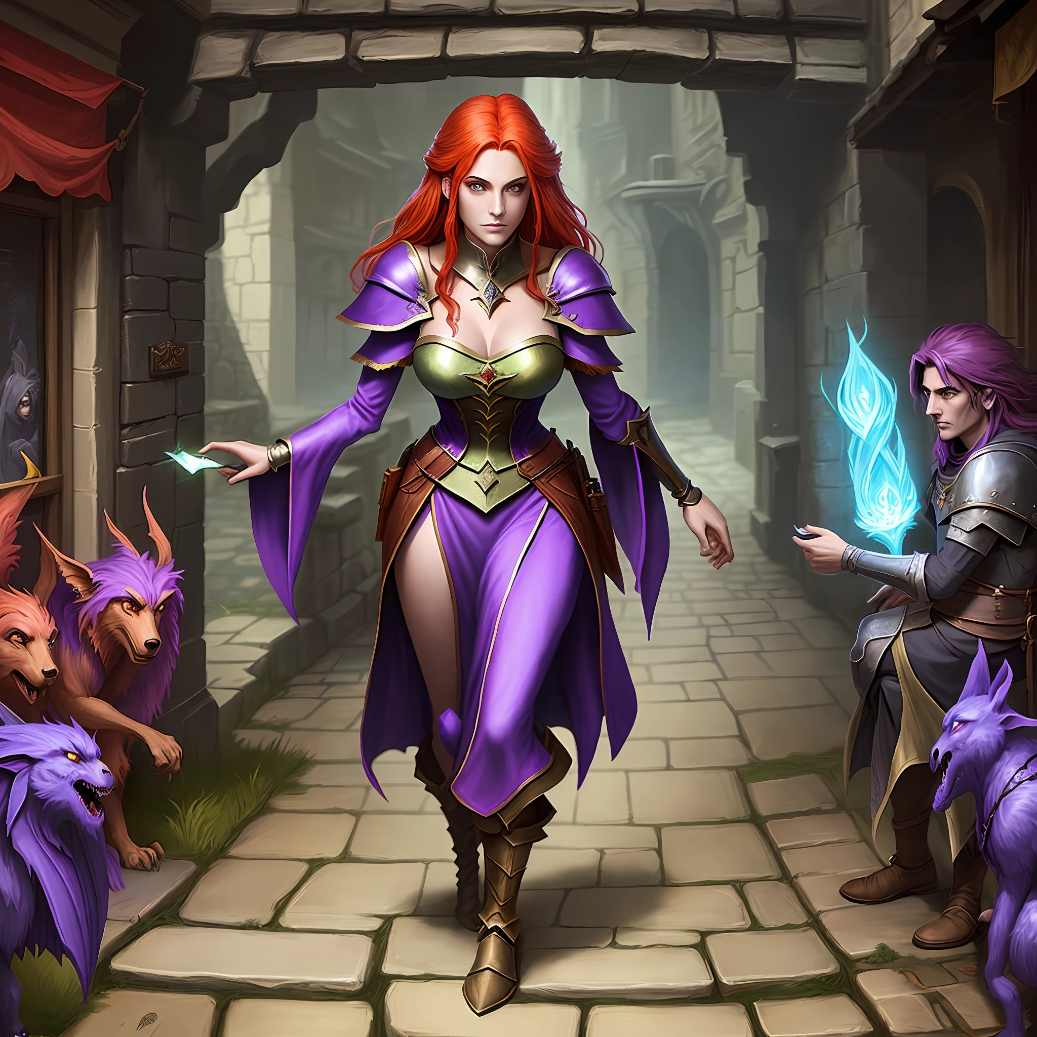 Medieval sorceress walking down a street, coriolios rpg art style, fantasy card game art, role-playing game art, dragonlance illustration, medieval fantasy game art, d d d fantasy digital art, fantasy rpg book illustration, adventure party, portrait of dungeons and dragons, color dnd illustration, red hair sorceress, purple armor