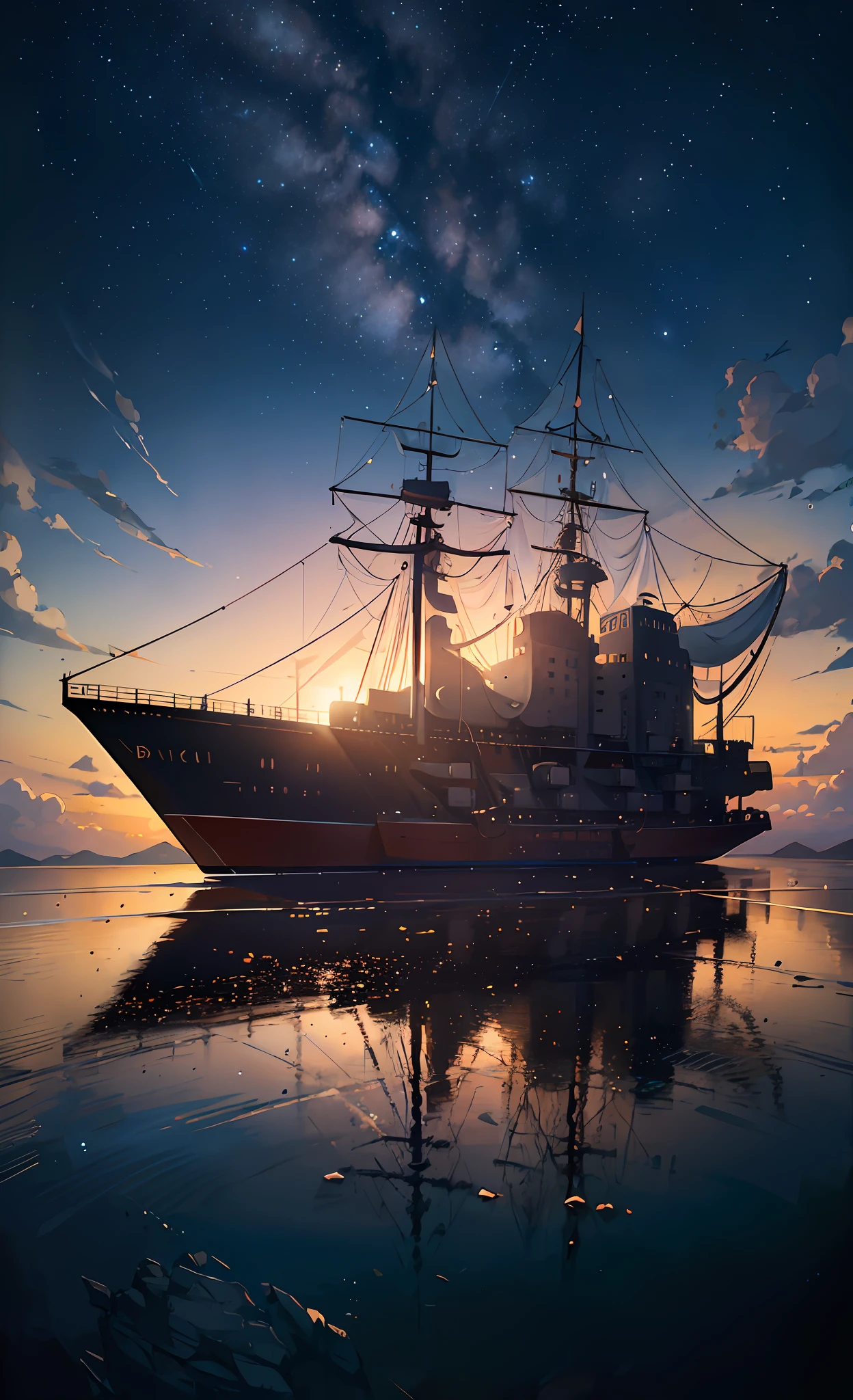 High quality masterpieces, landscapes, airships passing in the sky, bright starry sky. Romantic airship, pixiv, concept art, lofi art style, reflection. Makoto Shinkai, rophy art, beautiful anime scenes, anime scenery, detailed scenery — width 672, Makoto Shinkai's style, Makoto Shinkai's style, enhanced details.