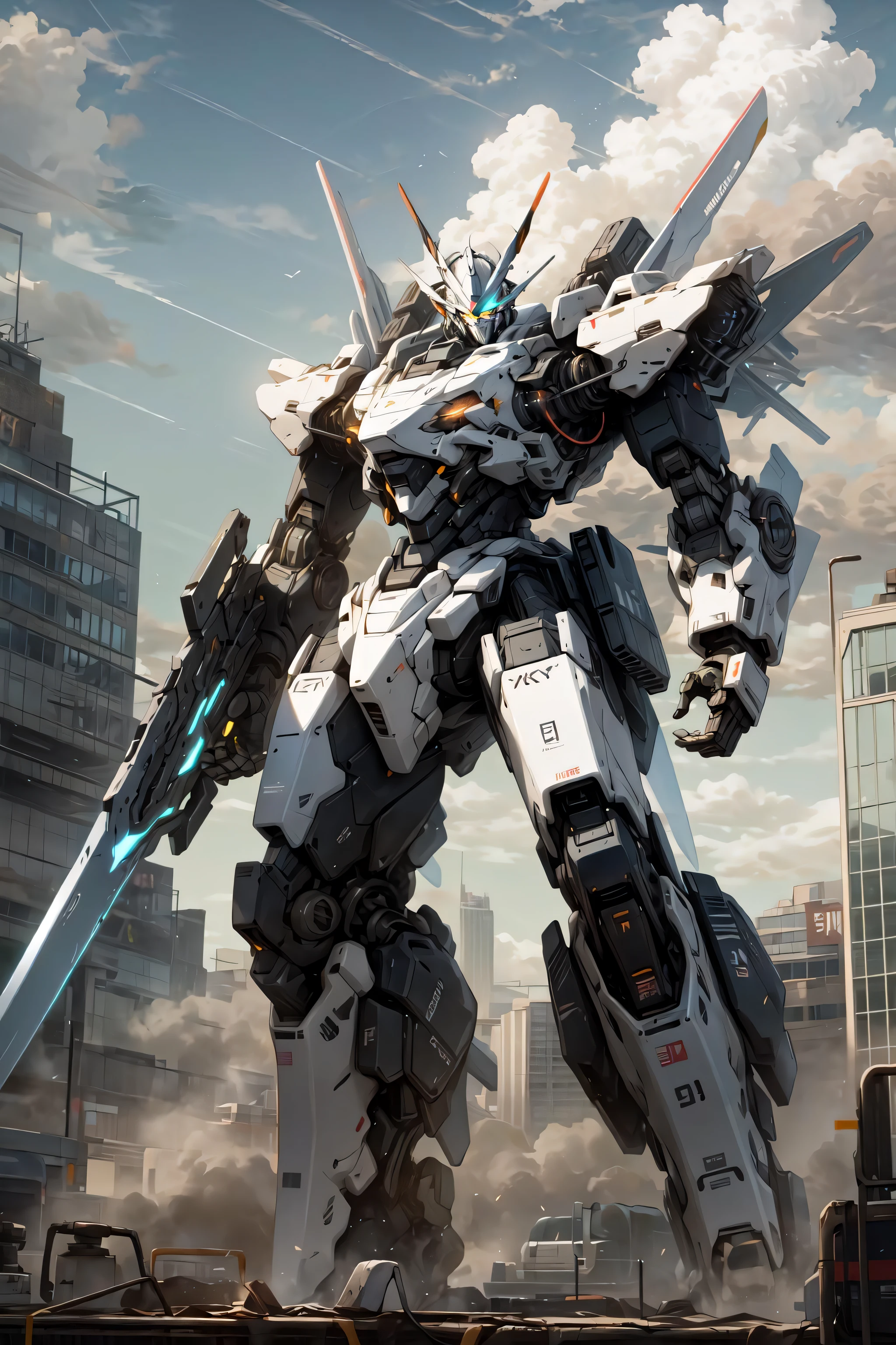 sky, cloud, holding_weapon, no_humans, glowing, , robot, building, glowing_eyes, mecha, science_fiction, city, realistic,mecha