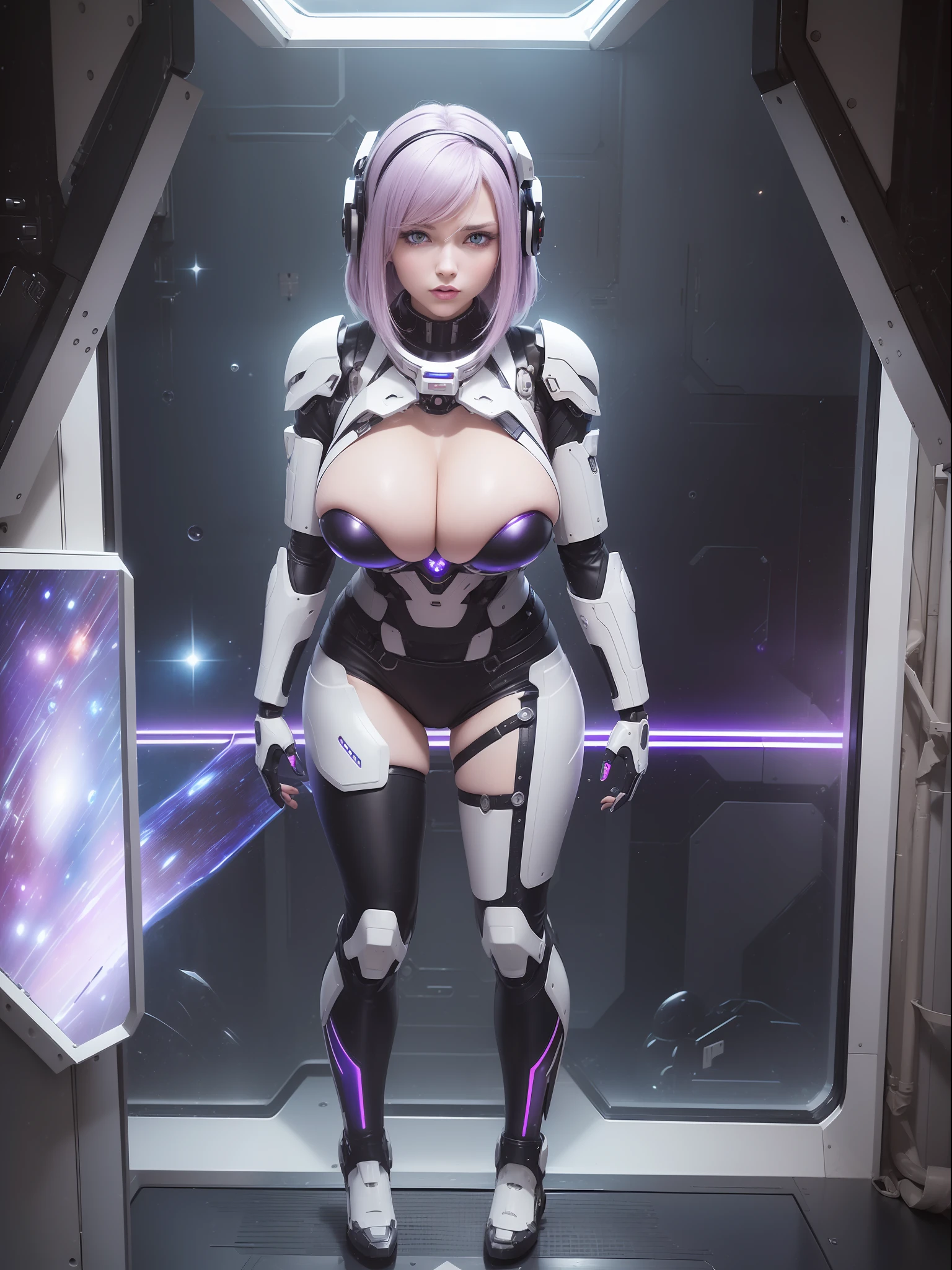 (full body photo:1.5), (one/woman/mechanical:1.5), (extremely large breasts:1.5), (all mechanical body:1.5), (with bionic armor:1.5), white with black gears, (she is inside a spaceship near the window seeing outer space:1.5), (she has very short purple straight hair:1.3), (blue eyes:1.3), (moaning:1.5), (blush:1.5), (sexual pose:1.5),  standing, for the viewer, (anime style, Anime, 16k, high quality, textured leather, UHD, award-winning)