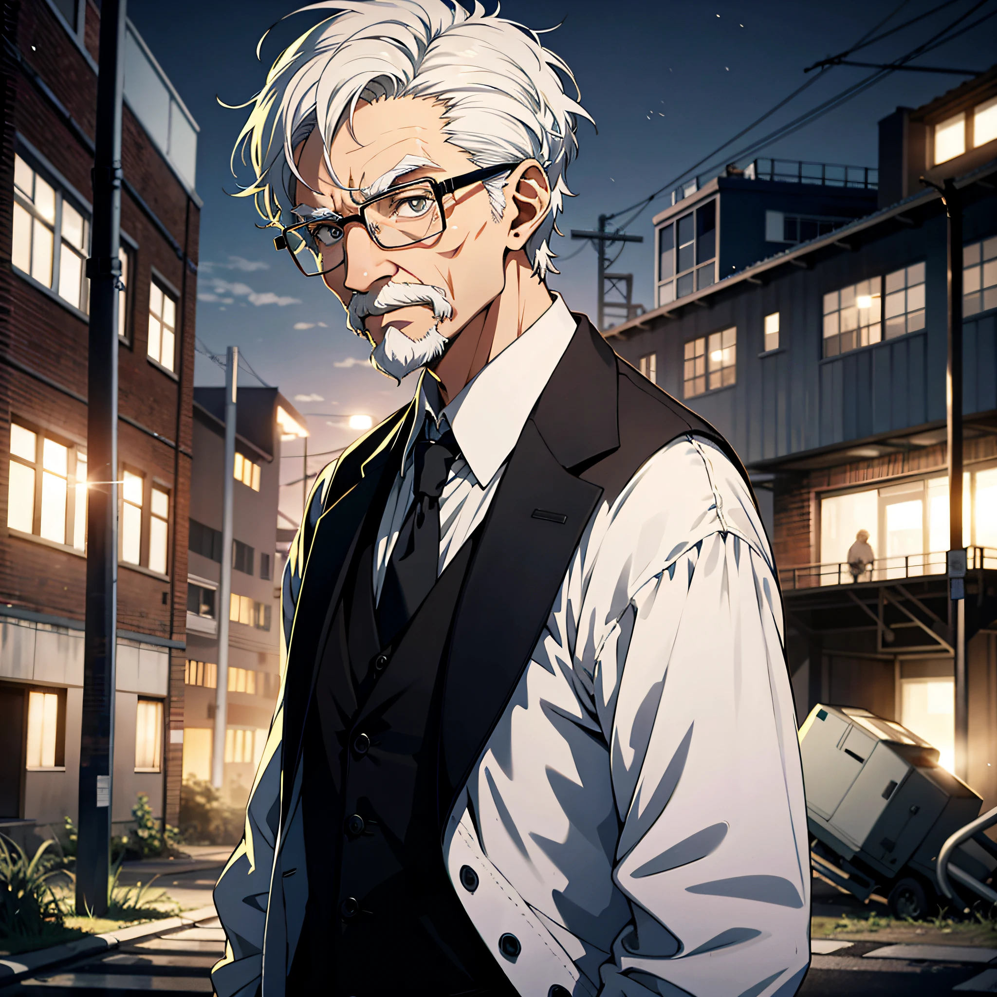 At night, an old man with short white hair dressed as a scientist stood in the abandoned industrial park, with a strange and puzzled expression and frowning
