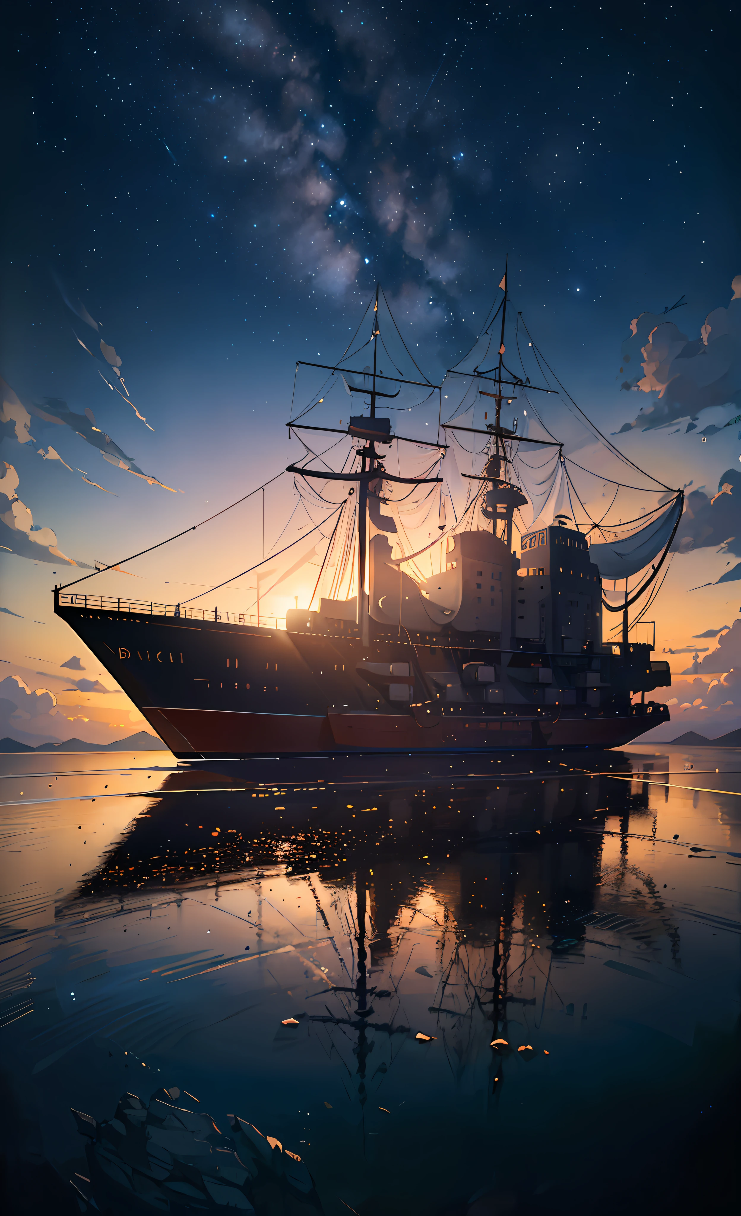 High quality masterpieces, landscapes, airships passing in the sky, bright starry sky. Romantic airship, pixiv, concept art, lofi art style, reflection. Makoto Shinkai, rophy art, beautiful anime scenes, anime scenery, detailed scenery — width 672, Makoto Shinkai's style, Makoto Shinkai's style, enhanced details.