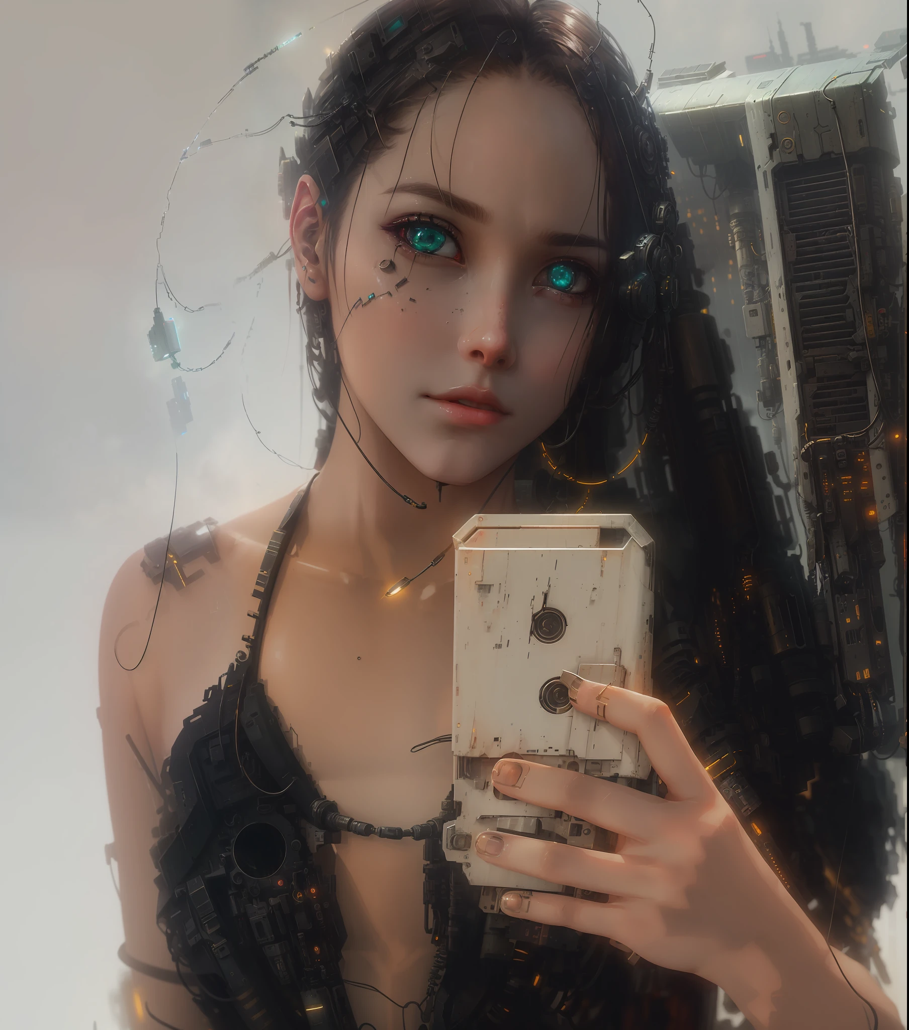 best quality, masterpiece, cinematic, volumetric lighting, sidelighting, 1girl, android, cyborg, mechanical wings, heavily damaged, dark, sad, raining, abandoned, (oil, loose wires, exposed metal parts), apocalyptic, extreme detail, detailed face, detailed eyes