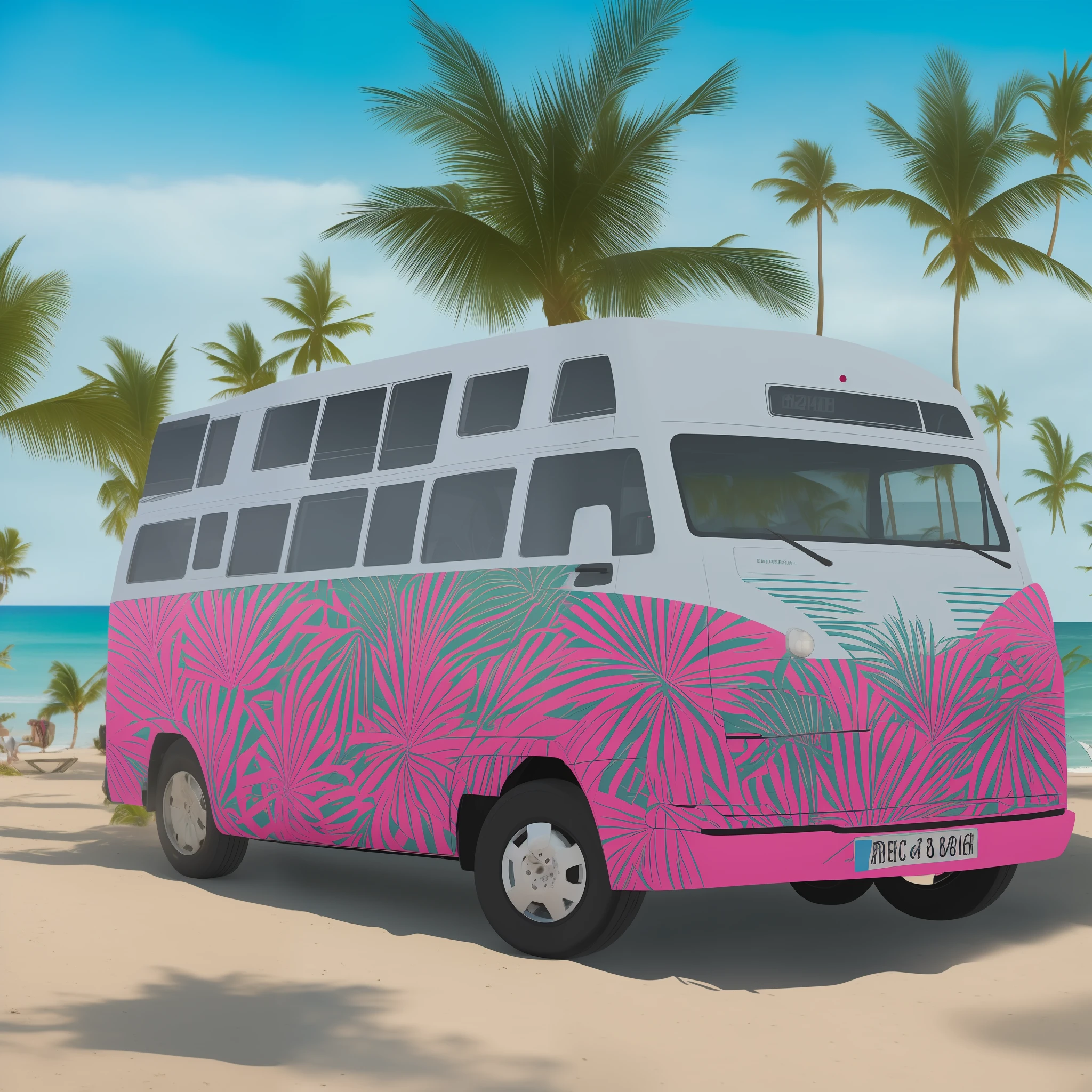 A wagen bus runs on the beach with a surfboard on the roof, the car paint is mainly white and pink, and the side of the wagen bus is pop art in the style of Ligneclaire, depicting palm trees, airplanes, the moon, beach umbrellas, deck chairs and tables on the seaside. Wind, Delicate Details, Detailed Background, Delicate Pattern, High Quality, High Quality, High Resolution, 8K, Masterpiece