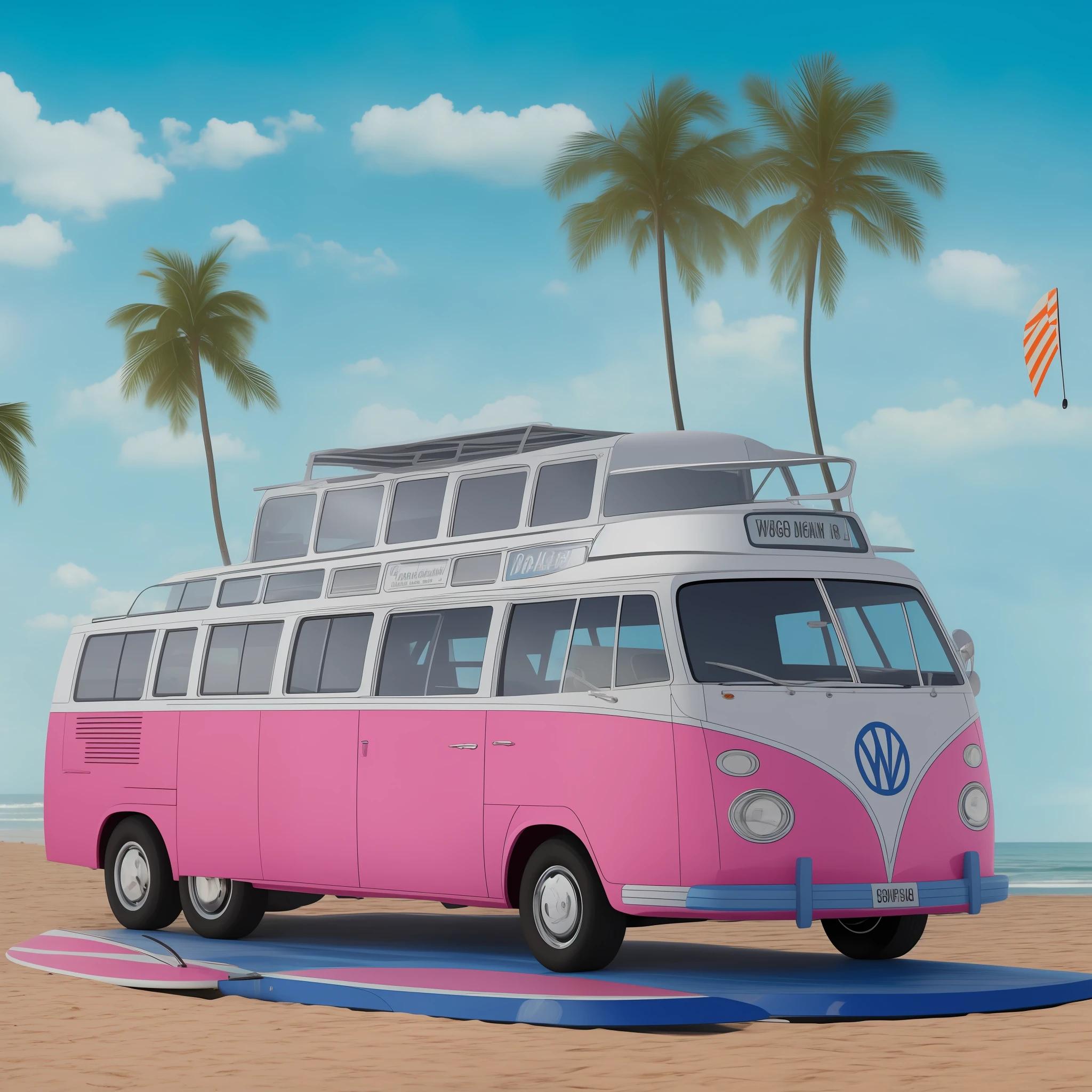 A wagen bus runs on the beach with a surfboard on the roof, the car paint is mainly white and pink, and the side of the wagen bus is pop art in the style of Ligneclaire, depicting palm trees, airplanes, the moon, beach umbrellas, deck chairs and tables on the seaside. Wind, Delicate Details, Detailed Background, Delicate Pattern, High Quality, High Quality, High Resolution, 8K, Masterpiece