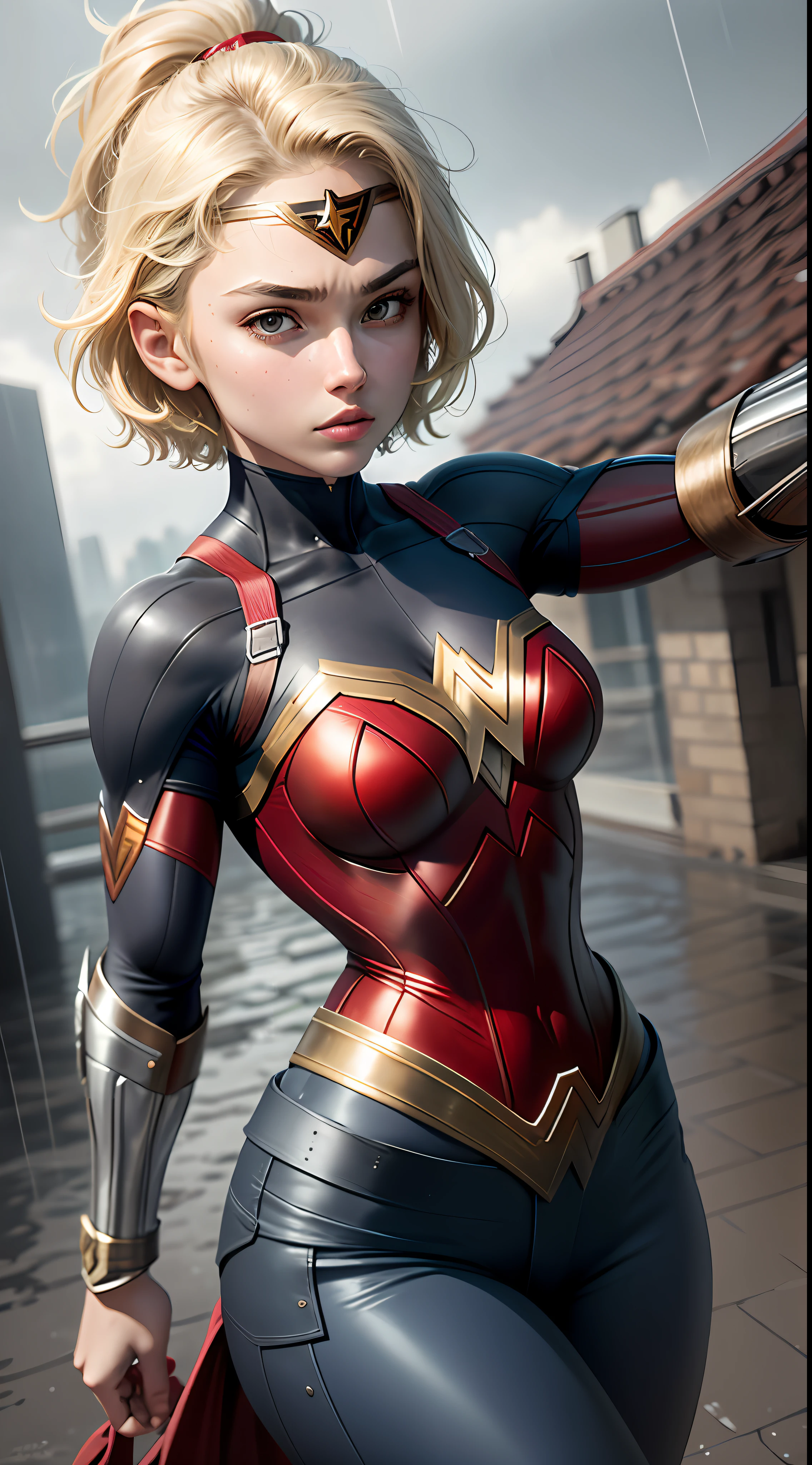 18-year-old girl, upper body, close-up, Wonder Woman suit, long pants, (((short hair))), blonde hair, beautiful face, fighting stance, rain, roof, masterpiece, exquisite details, perfect anatomy