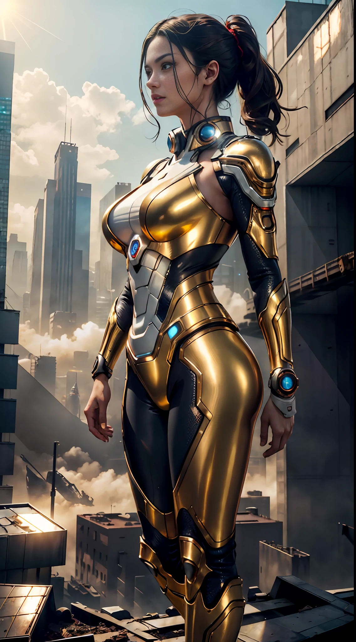 RAW, Masterpiece, Ultra Fine Photo,, Best Quality, Ultra High Resolution, Photorealistic, Sunlight, Full Body Portrait, Stunningly Beautiful,, Dynamic Poses, Delicate Face, Vibrant Eyes, (Side View) , she is wearing a futuristic ultraMan mech, red and gold color scheme, highly detailed abandoned warehouse background, detailed face, detailed and complex busy background, messy, gorgeous, milky white, high detailed skin, realistic skin details, visible pores , sharp focus, volumetric fog, 8k uhd, dslr camera, high quality, film grain, fair skin, photorealism, lomography, sprawling metropolis in futuristic dystopia, view from below, translucent, big breasts