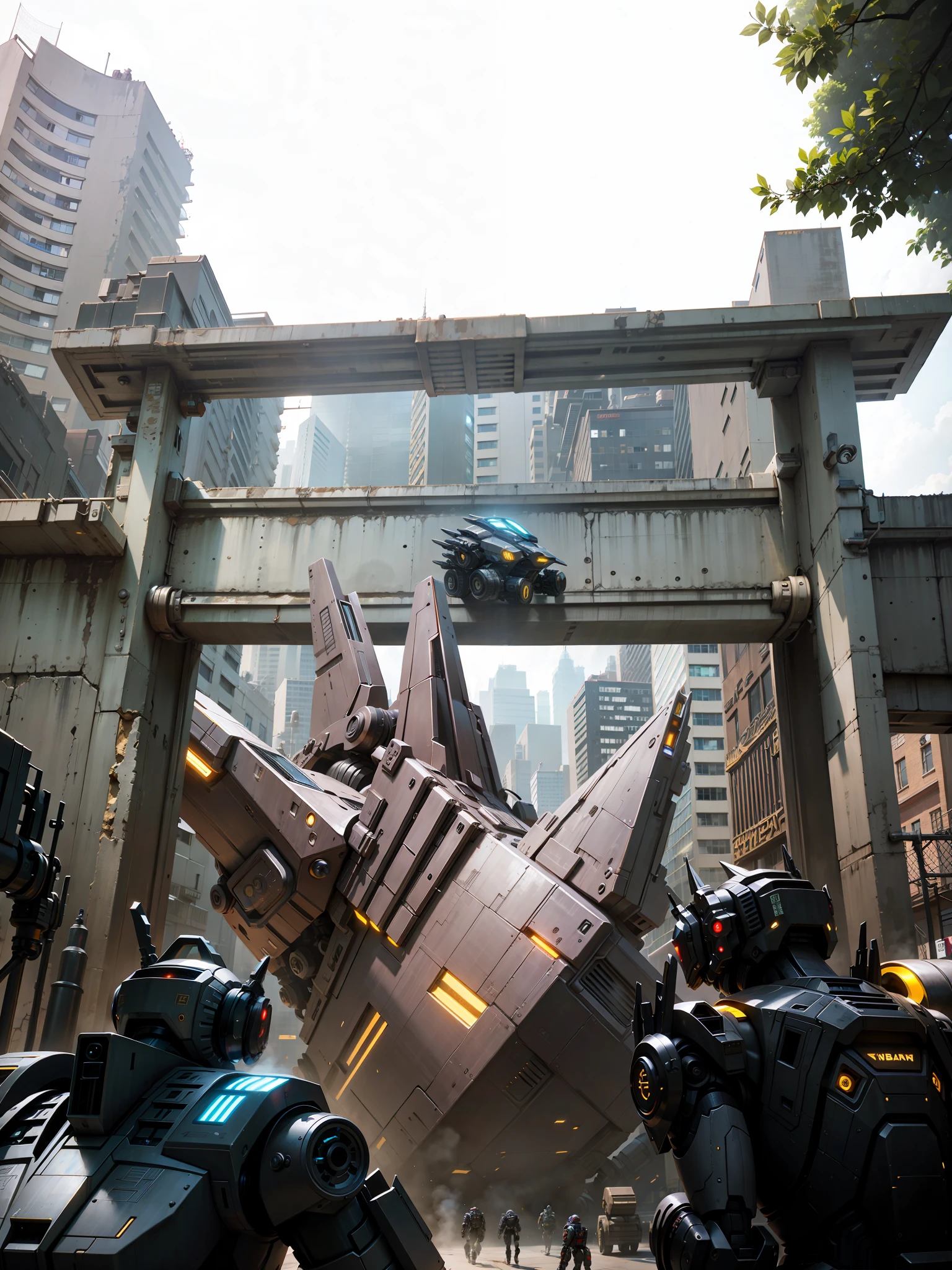 Robot world, metal streets and buildings, cybertron style, many robots, extreme sci-fi, HD, 8K, realism, dark yellow light