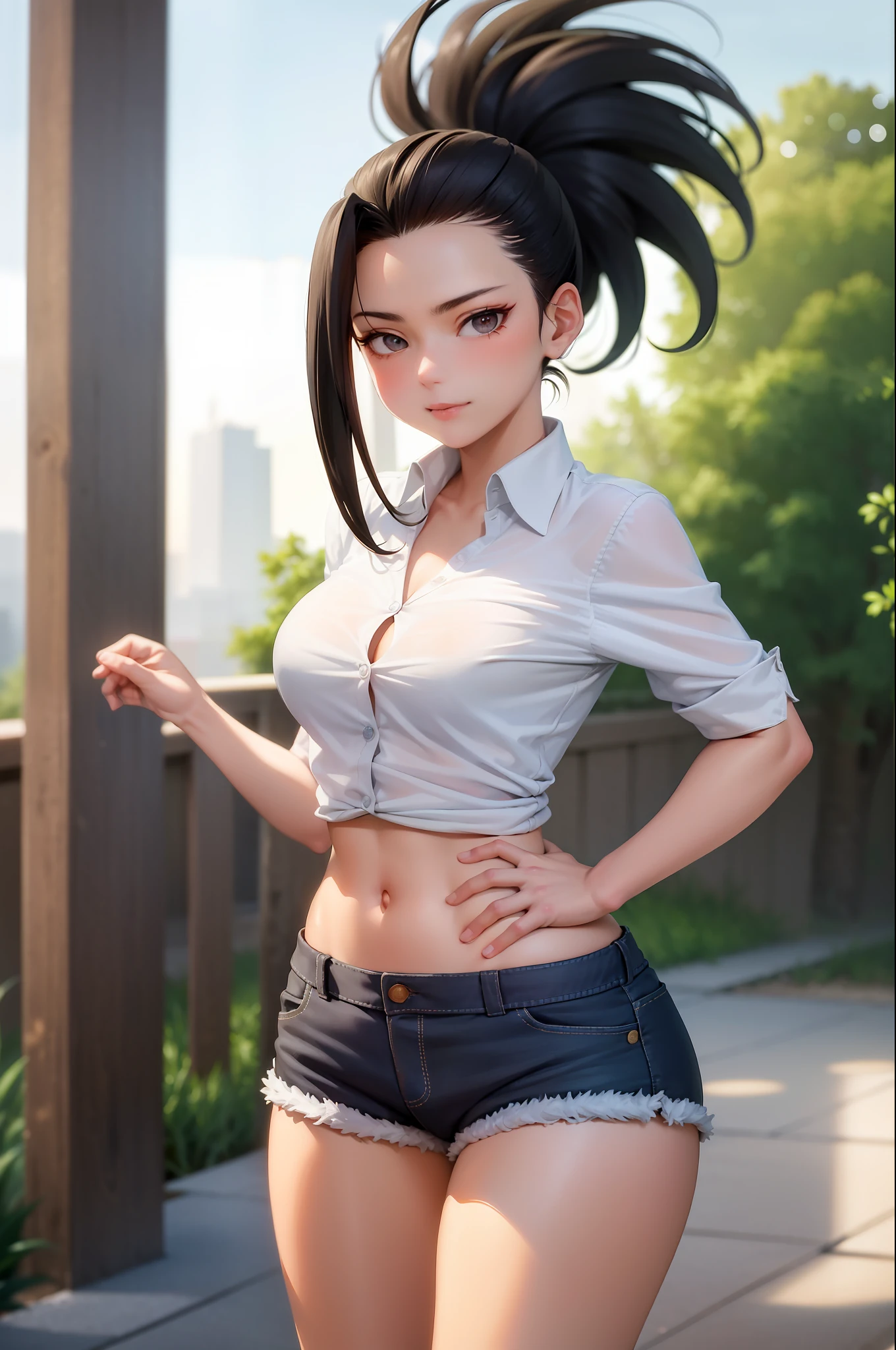 (masterpiece, best quality: 1.2), cowboy shot, solo, 1girl, yaoyorozu momo, anime screencap, city, long hair, black hair, gray eyes, looking at the viewer, lustful, closed mouth, ass, wide hips, short shirt, short shorts, unbuttoned shorts, squatting, legs apart, erotica, front