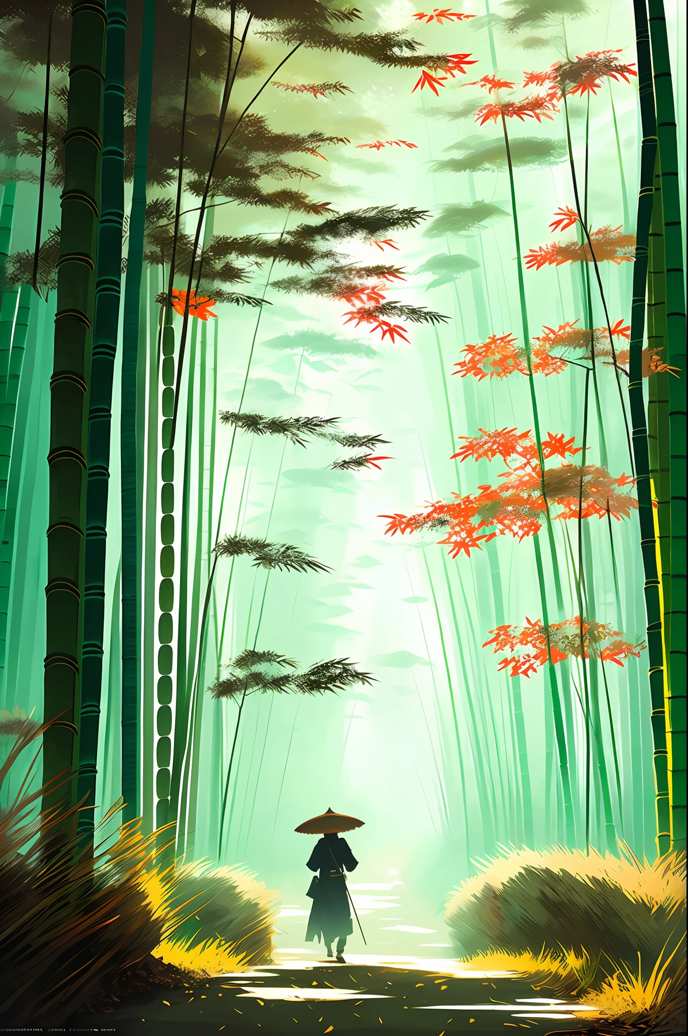 a japanese woman wearing kimono waking alone in the thick bamboo forest, arashiyama bamboo forest, Sagano Bamboo Forest, stefan koidl inspired, bussiere rutkowski andreas rocha, inspired by Tomasz Jedruszek, inspired by Golden Pavilion, dark cinematic concept art, eerie nostalgic concept art, inspired by Igor Kieryluk, inspired by Ismail Inceoglu,