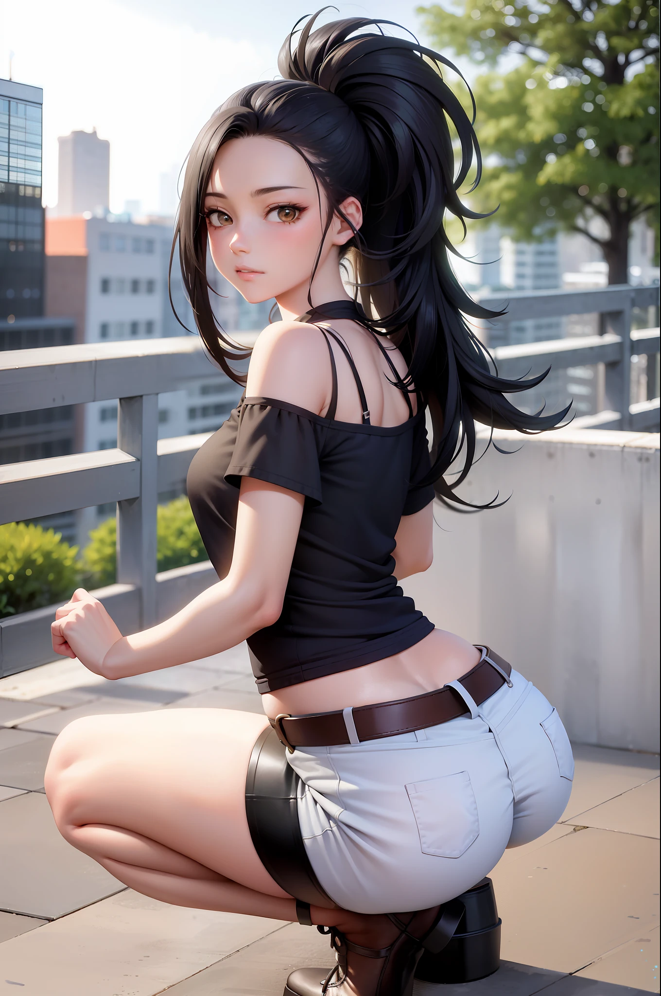 (masterpiece, best quality: 1.2), cowboy shot, solo, 1girl, yaoyorozu momo, anime screencap, city, long hair, black hair, gray eyes, looking at the viewer, lustful, closed mouth, ass, wide hips, short shirt, short shorts, unbuttoned shorts, squatting, legs apart, erotica, front