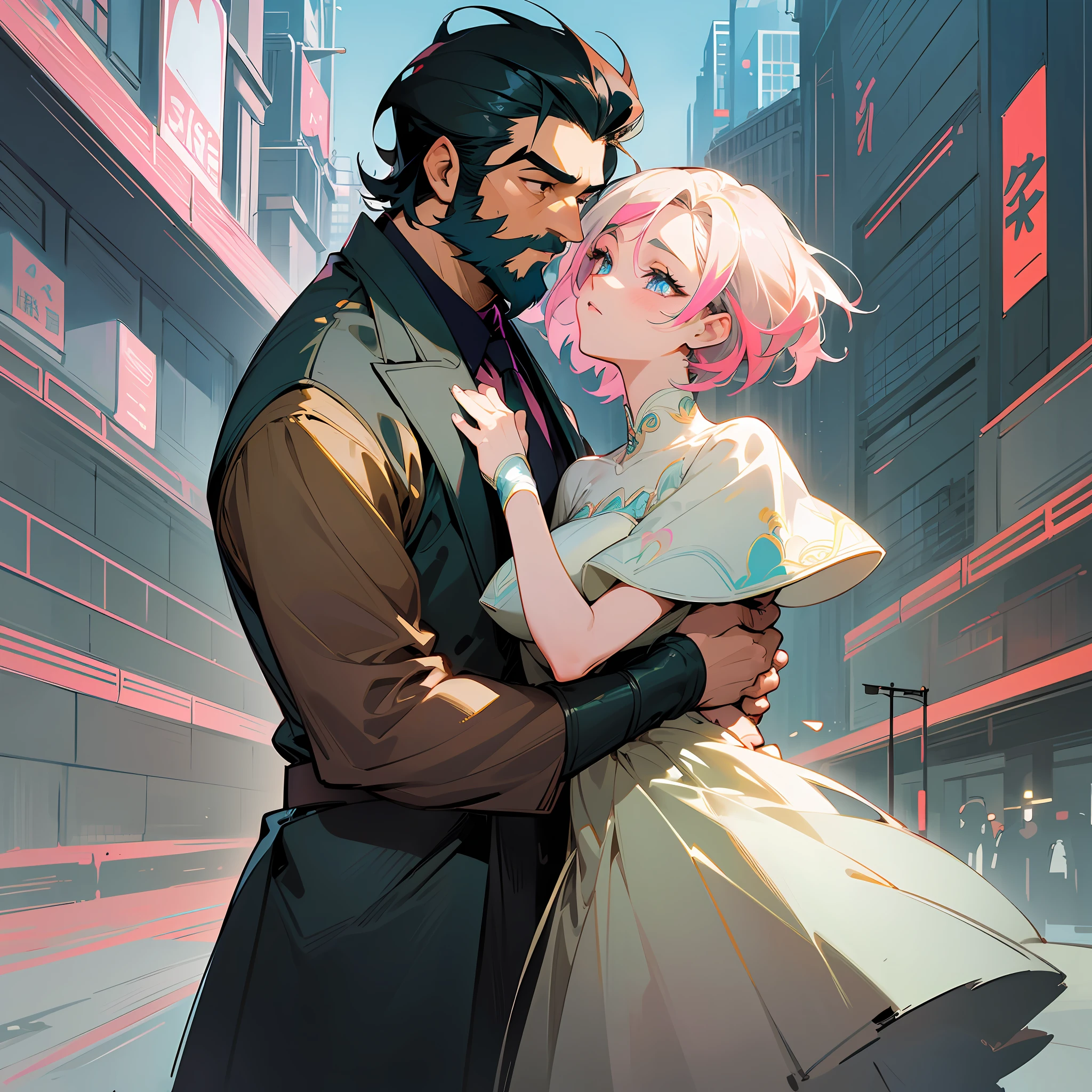 Beautiful aesthetic illustration, flat anime, stylized digital art, (elegant woman with short hair kissing handsome man with beard standing leaning against a car, focused), colorful realistic anime style --auto --s2